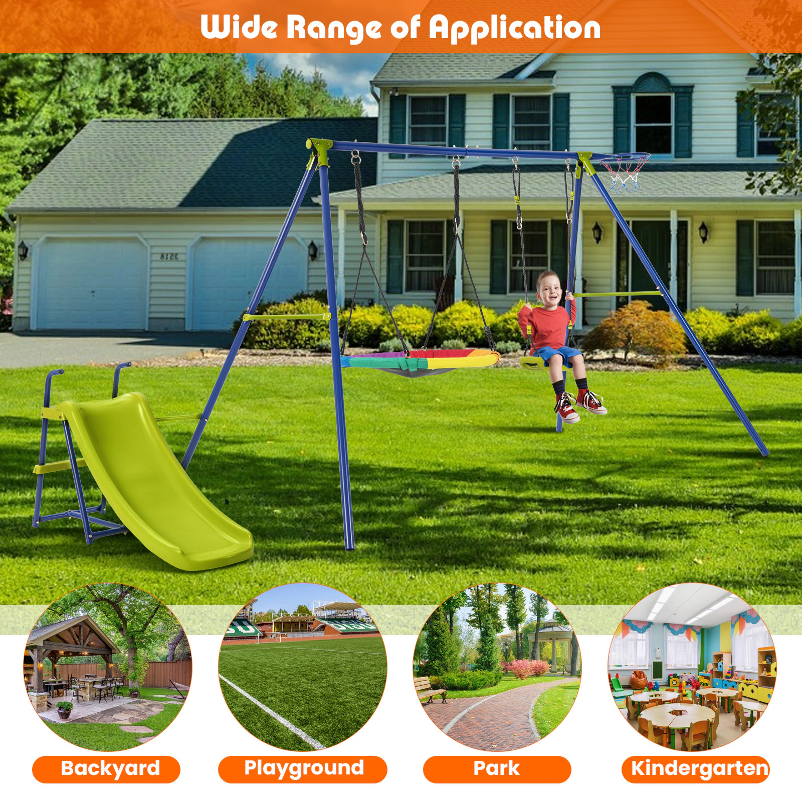 SUGIFT 4-in-1 Heavy-Duty Metal Kids Playset with Slide 32.5-in Saucer Swing Belt Swing and Basketball Hoop