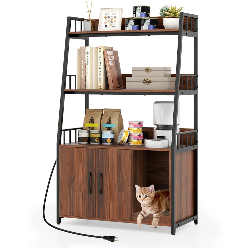 SUGIFT Cat Litter Box Enclosure with Storage Shelves and Scratching Pad 88-lb Cabinet Capacity Rustic Brown + Black