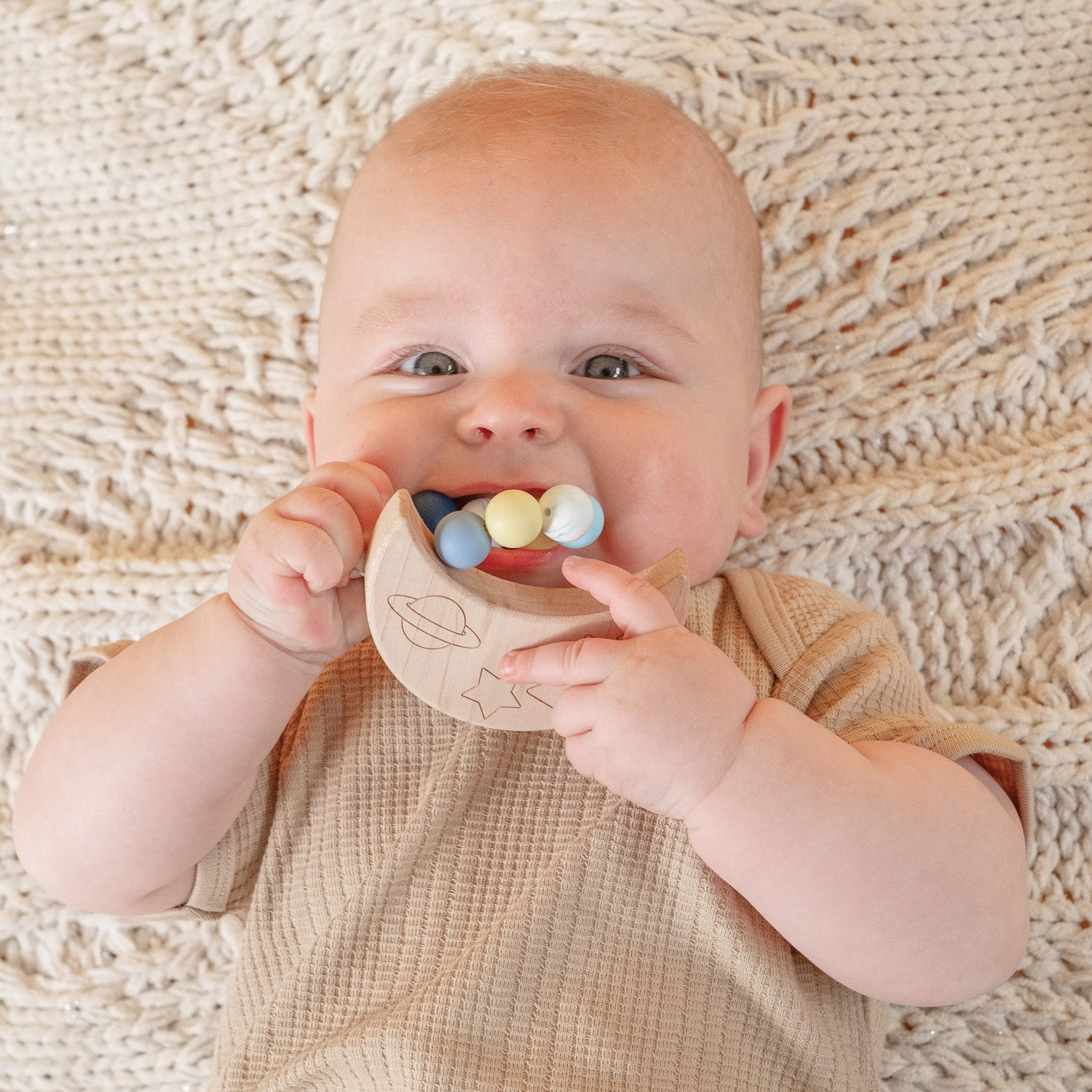 Calming Moon Silicone Bead Teether with Organic Cotton Bag - Made in USA