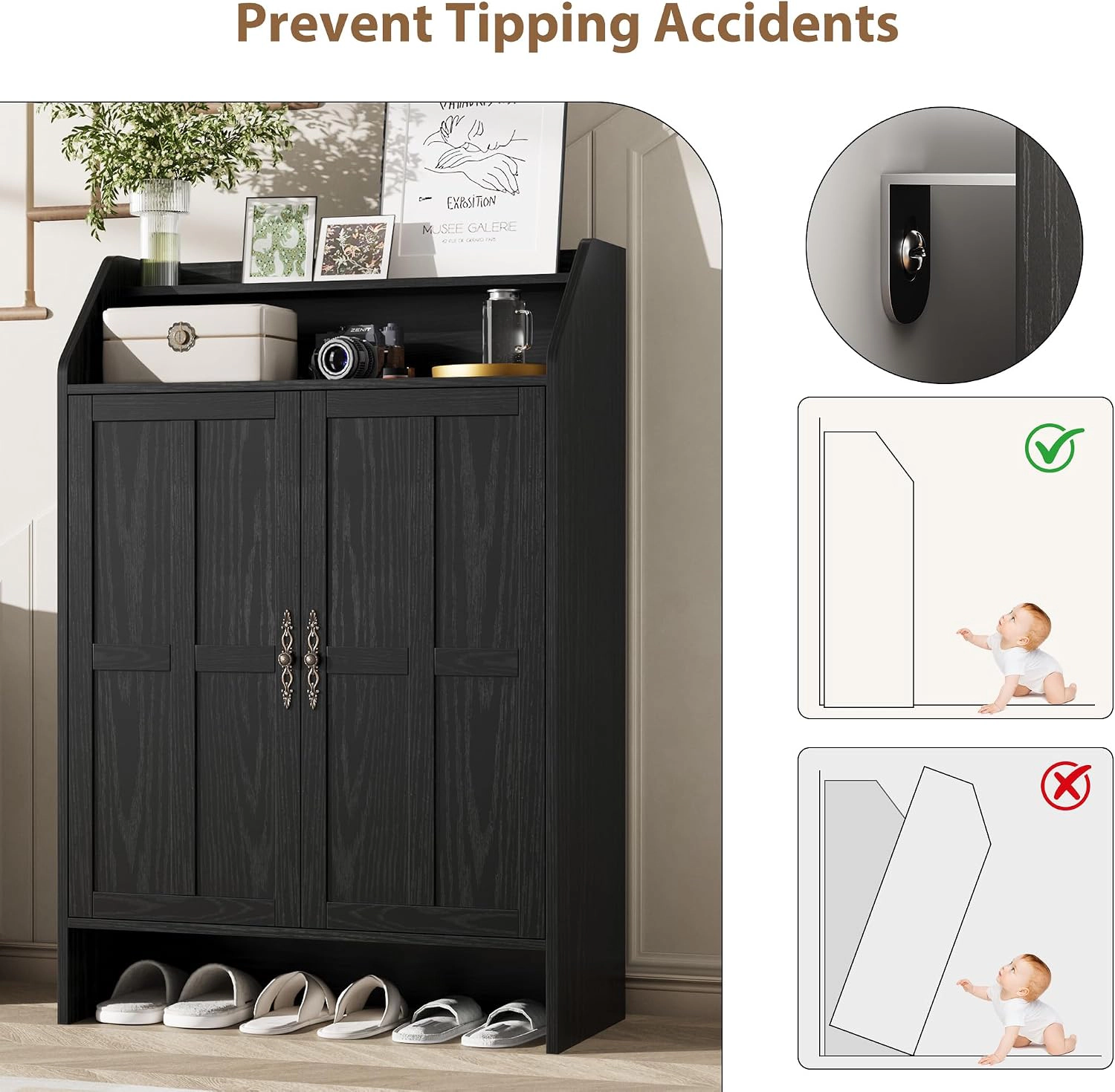 Black Wood Grain 2-Door Shoe Storage Cabinet Entryway Wooden Accent Cabinet with Adjustable Shelves