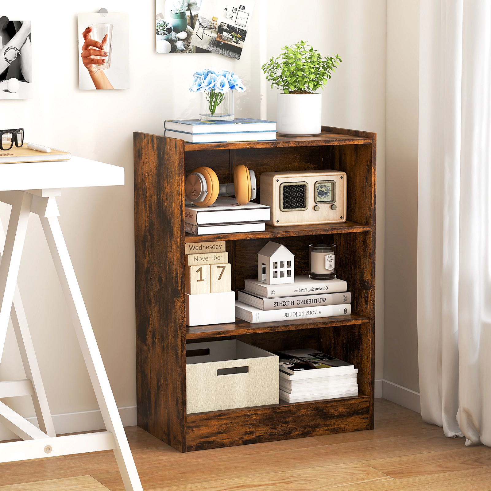 SUGIFT 3-Tier Rustic Brown 29.5-in Small Bookshelf with 18-Position Adjustable Shelves and Raised Top