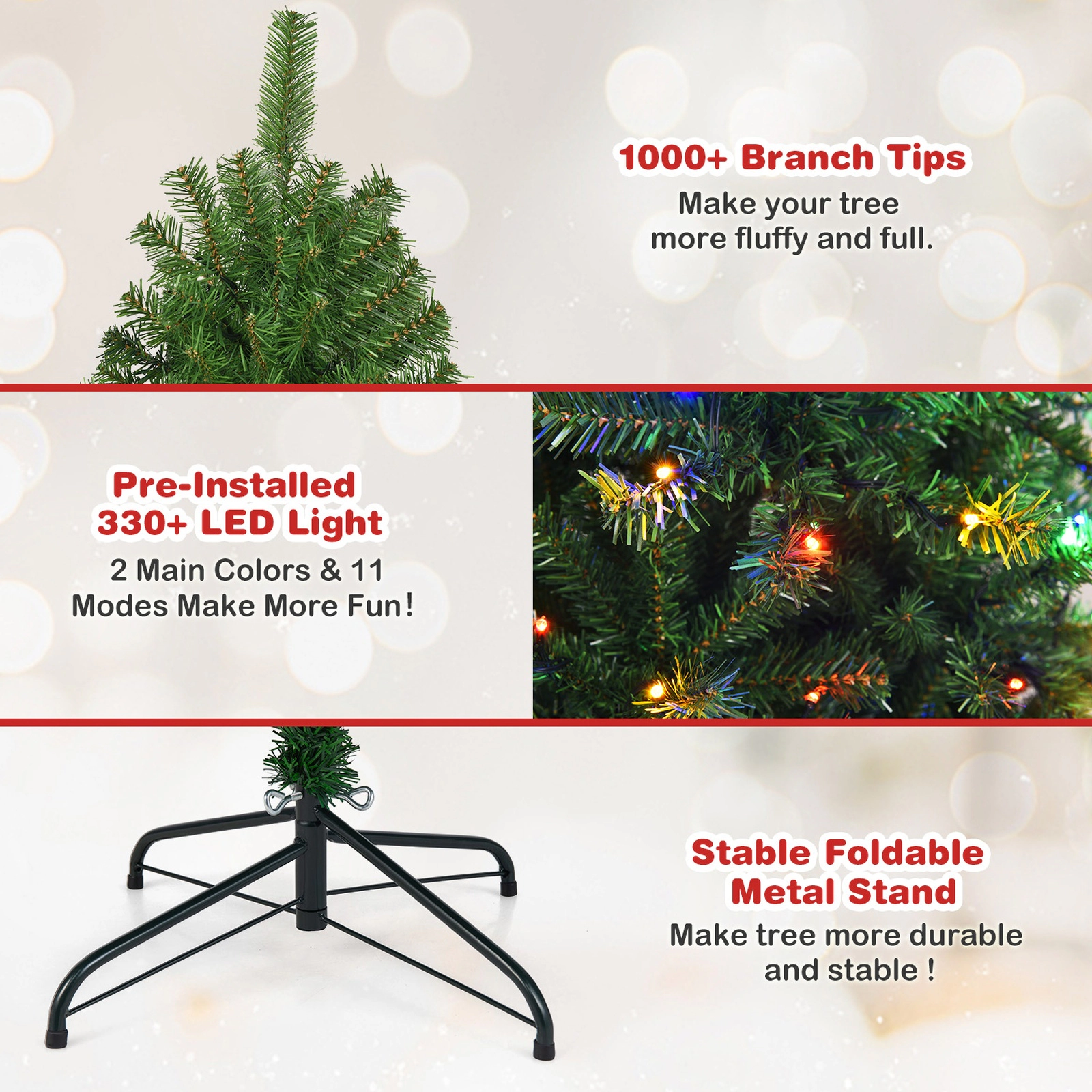 SUGIFT Dense PVC Hinged Artificial Christmas Tree 6-ft Tall with 1000 Tips 350 LED Lights and Metal Stand Green