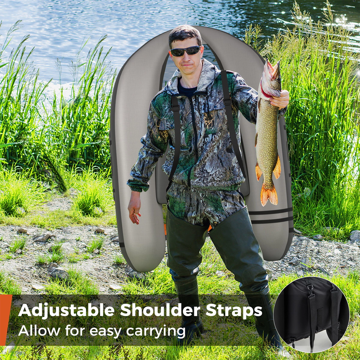 SUGIFT Adult Gray Fishing Float Tube with Storage Pockets Fish Ruler and Foot Pump 53-in W 350-lb Load Capacity