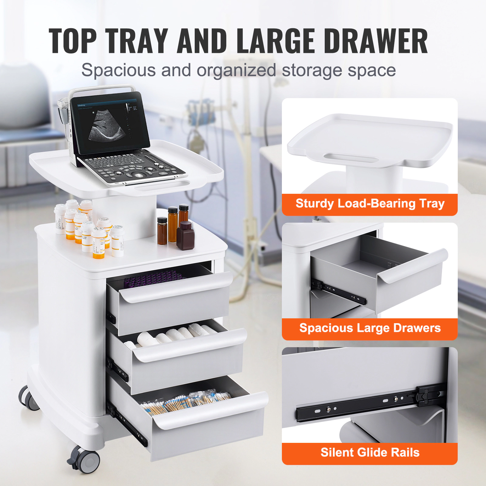 HONGGE Lab Carts Lab Utility Cart with & 1 Top Tray Mobile Medical Cart with ABS Material Lab Rolling Cart with 4