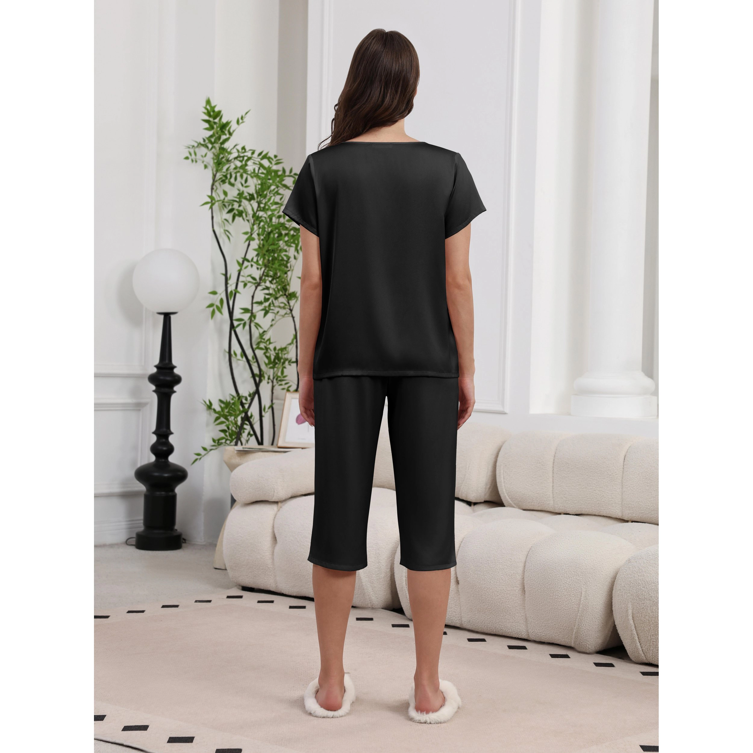 Ekouaer Women's Silky Satin Short Sleeve V Neck Pajama Set with Capri Pants