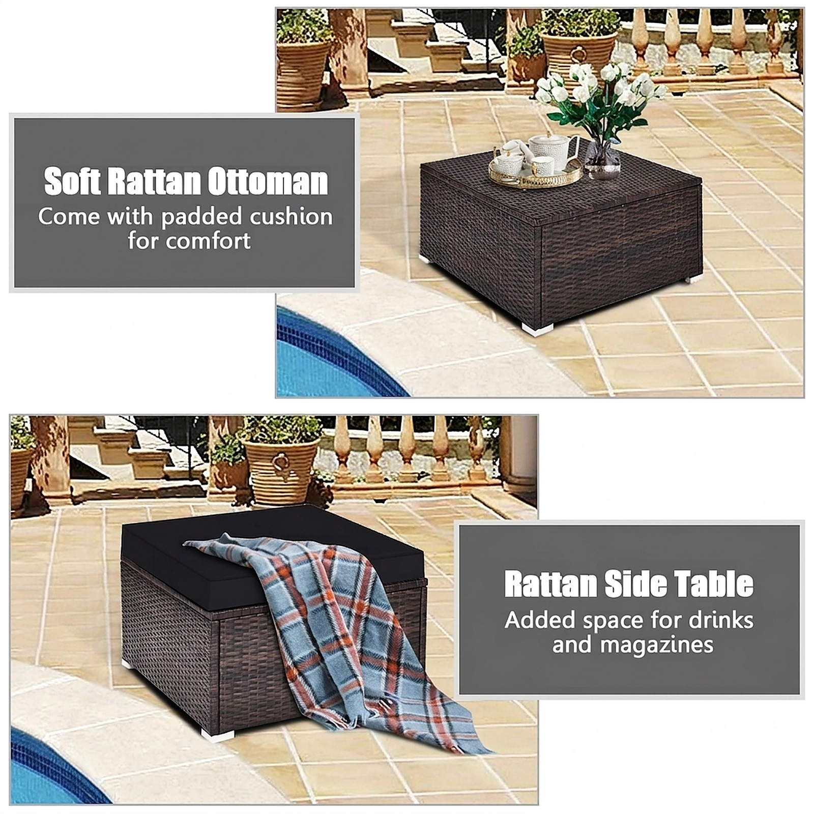 SUGIFT 4-Piece Black Wicker Patio Sectional, L-Shaped Corner Sofas and 4-Inch Cushioned Ottoman