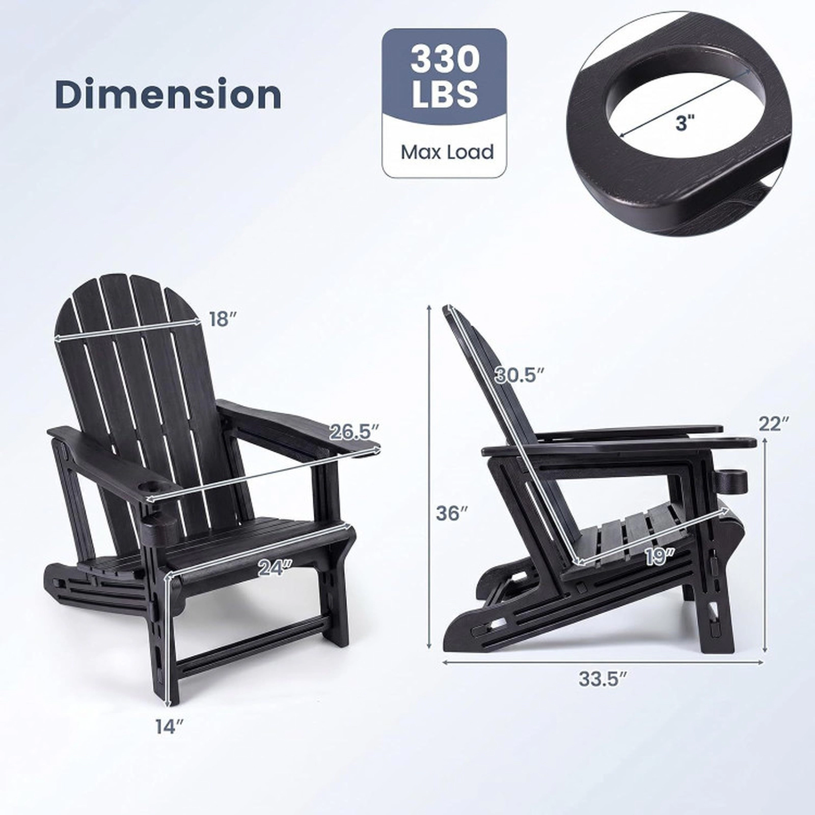 SUGIFT Set of 2 Weather-Resistant HDPE Adirondack Chairs with Cup Holder 330-Lb Capacity 33.5-in Frame Black
