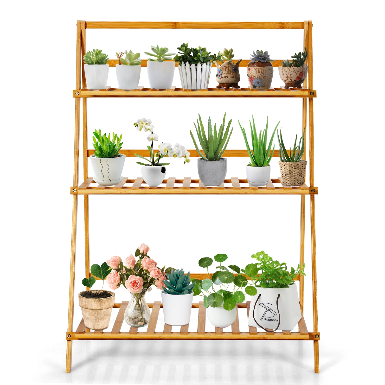 SUGIFT 3 Tier Foldable Bamboo Plant Stand Natural Ladder Display Shelf Rack