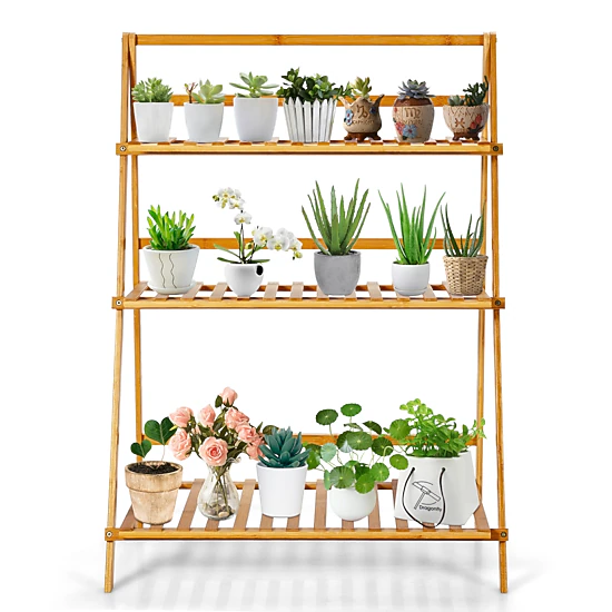 SUGIFT Natural 3-Tier Foldable Bamboo Plant Stand with Open Ladder Shelves 27.5-in W 15-in D 37.5-in H