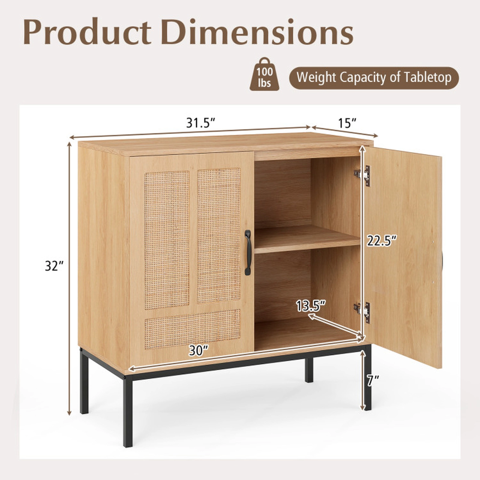 SUGIFT Boho Storage Sideboard Cabinet with Asymmetrical Rattan Doors 100-lb Tabletop Capacity Natural