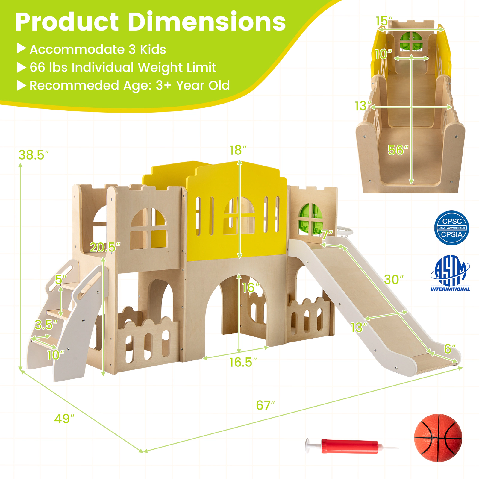 SUGIFT Multicolor Climber Tunnel and Basketball Hoop 7-in-1 Wooden Toddler Slide Set