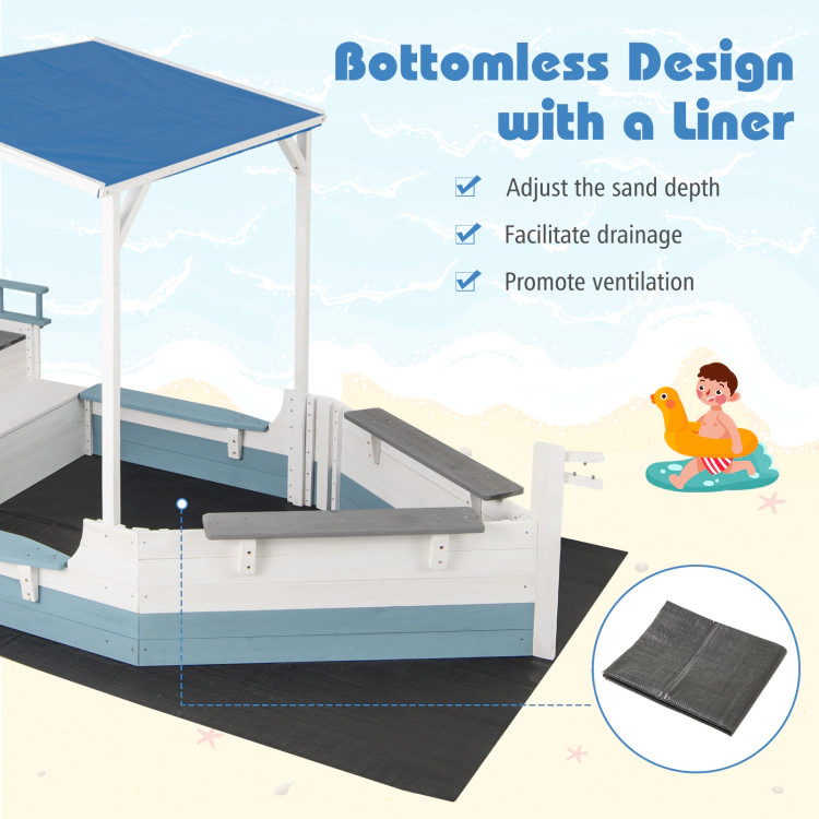Hivvago Pirate Ship Sandbox with Canopy with Bench Seats and Bottom Liner