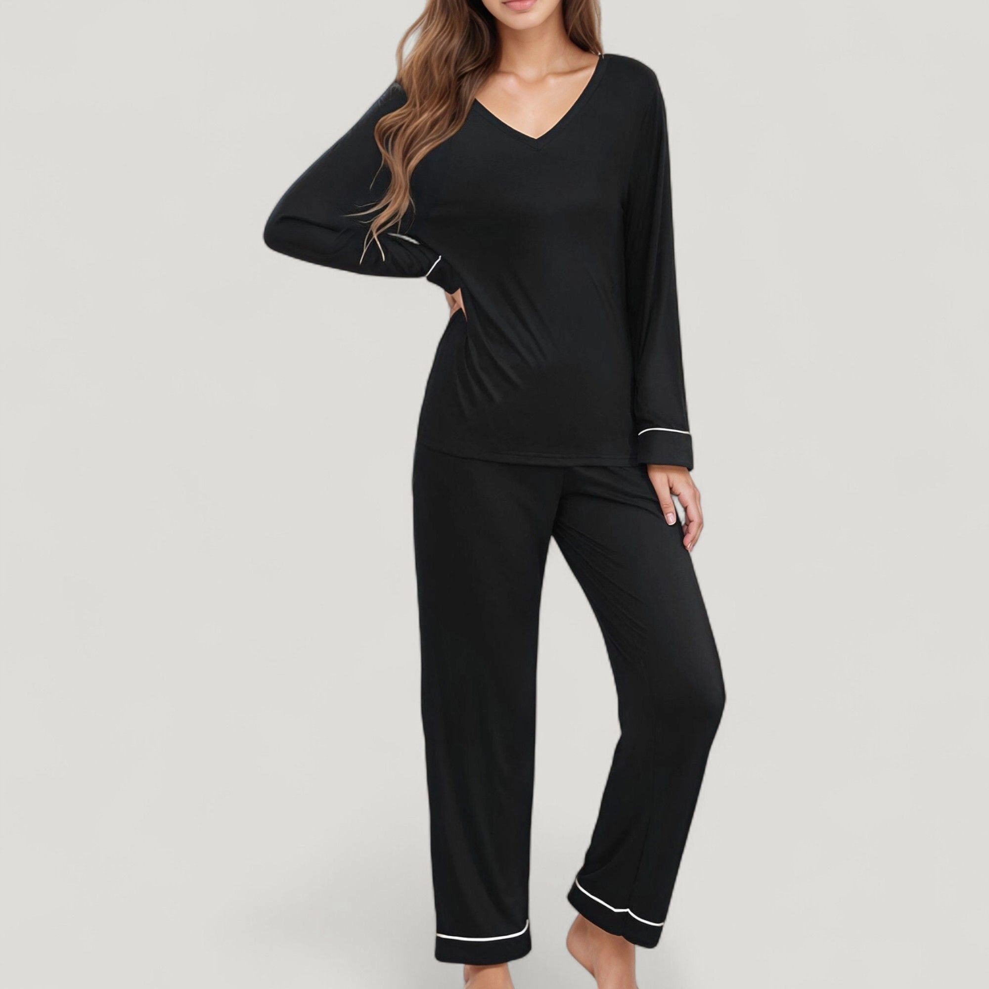 Anna-Kaci Women's Contrast Trim Long Sleeve V-Neck Pajama Top and Lounge Pants 2-Piece Sleepwear Set