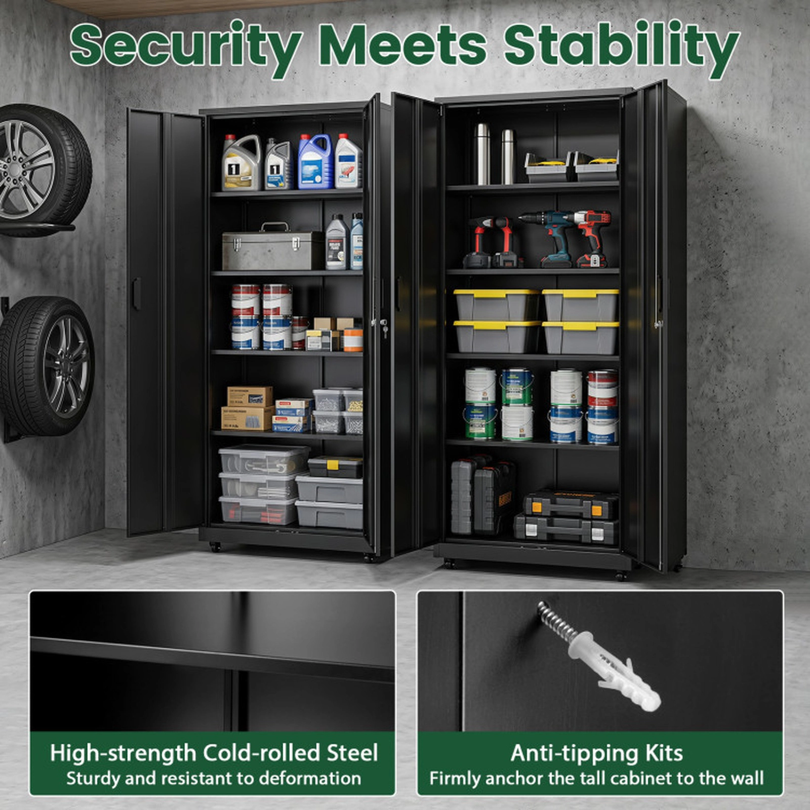 SUGIFT Rolling Metal Storage Cabinet Black 73 Inches Lockable with 4 Wheels