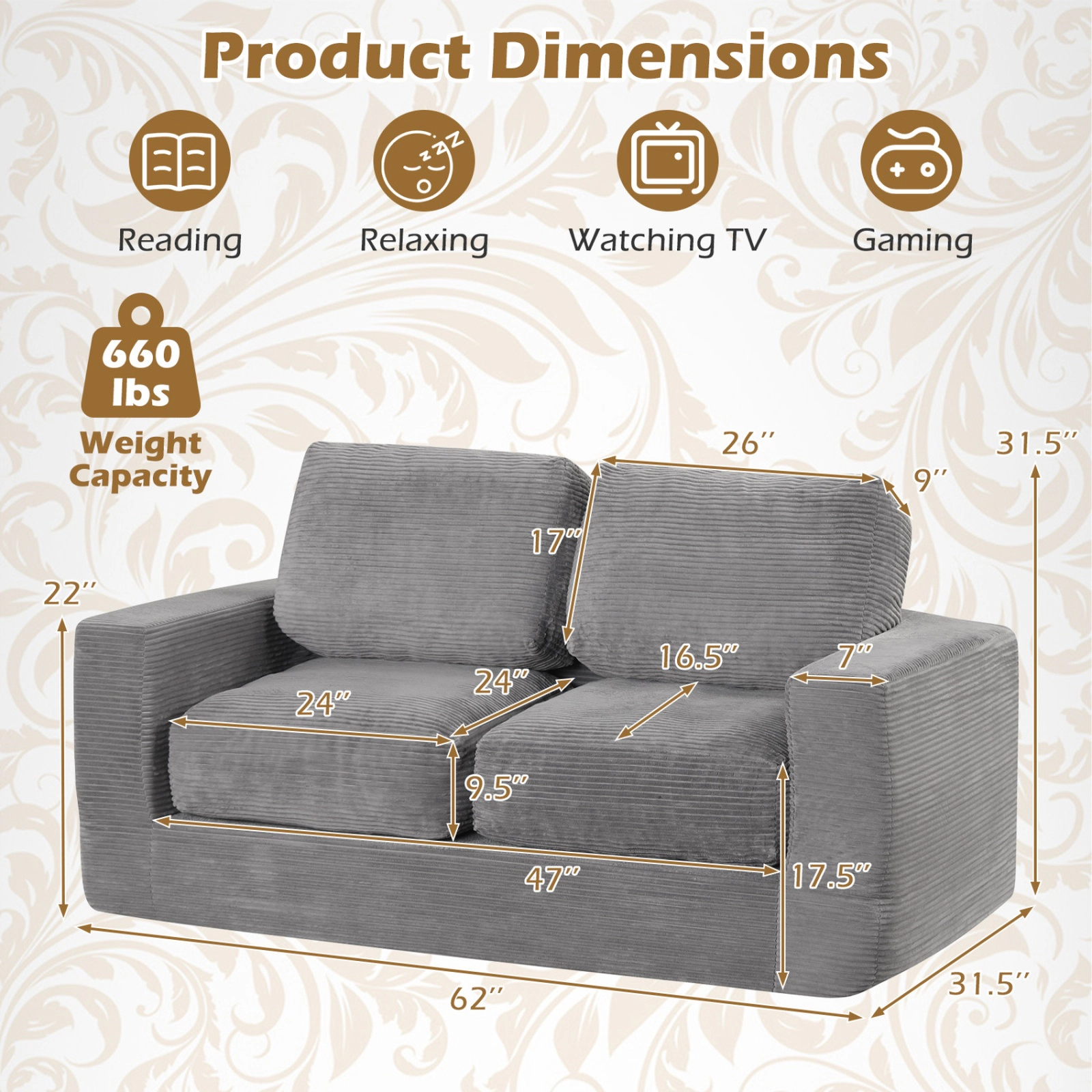 SUGIFT Gray Corduroy Floor Couch, 2-Seater Foam Loveseat, 660-lb Capacity