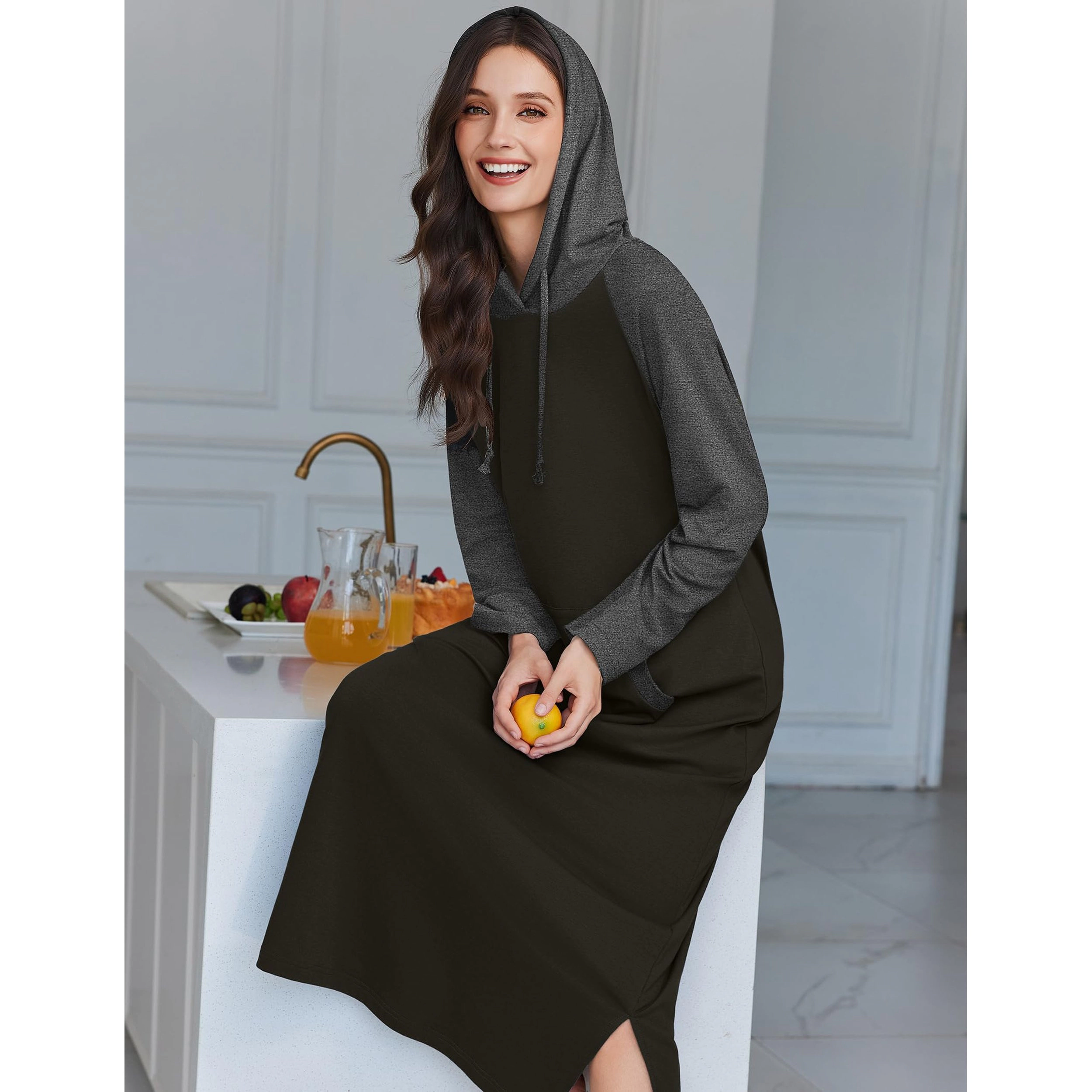 Ekouaer Nightgowns Cotton Nightgown Hooded Contrast Color Full Length with Pocket