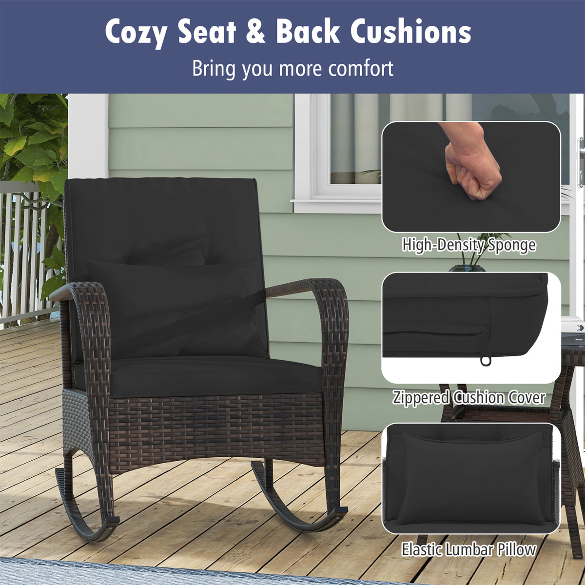 SUGIFT 3-Piece Brown Outdoor Rocking Bistro Set with 2 Wicker Chairs and Glass Coffee Table