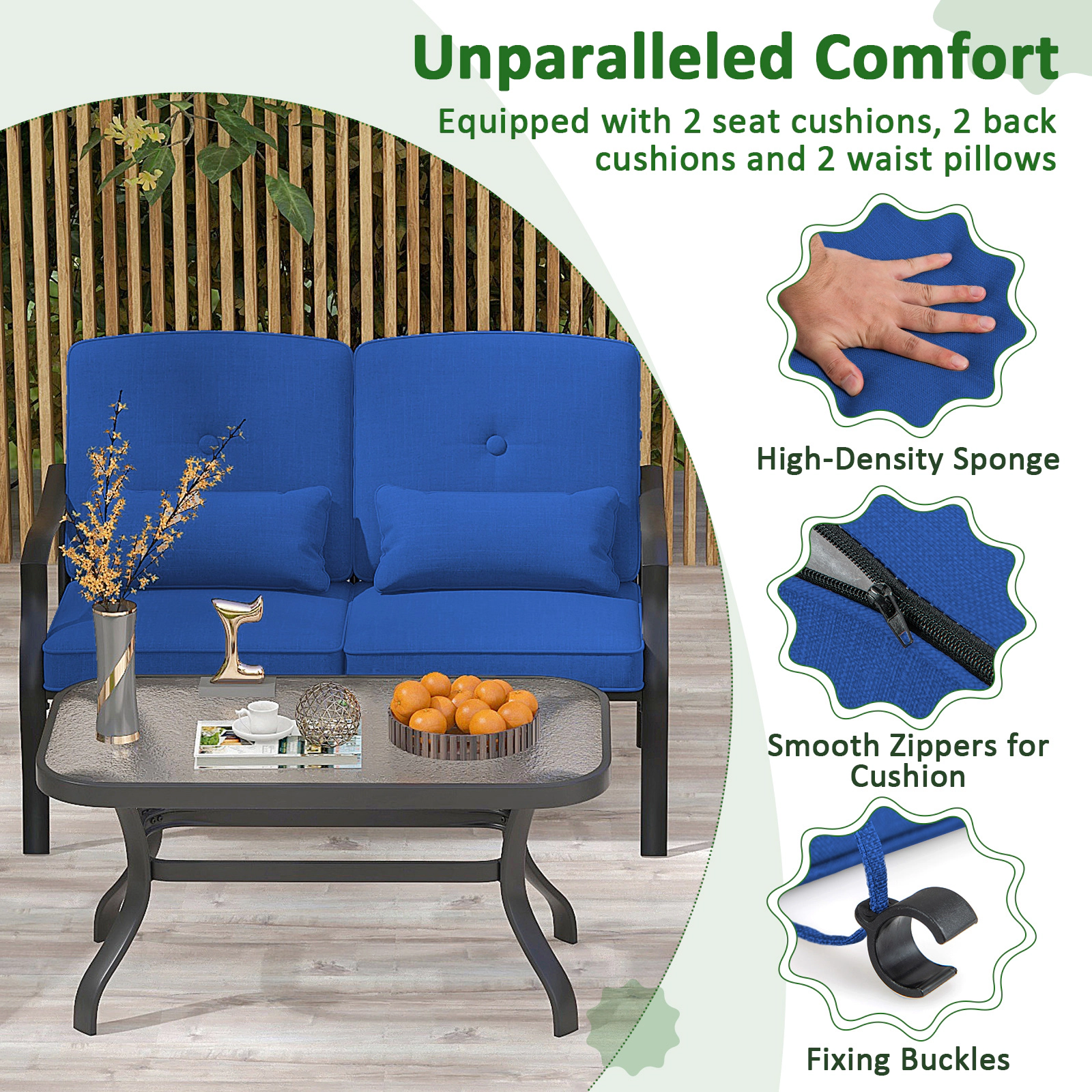 SUGIFT 2-Piece Navy Patio Metal Loveseat Set with Glass Table 48-in W 30-in D 29-in H 660-lb Loveseat Capacity