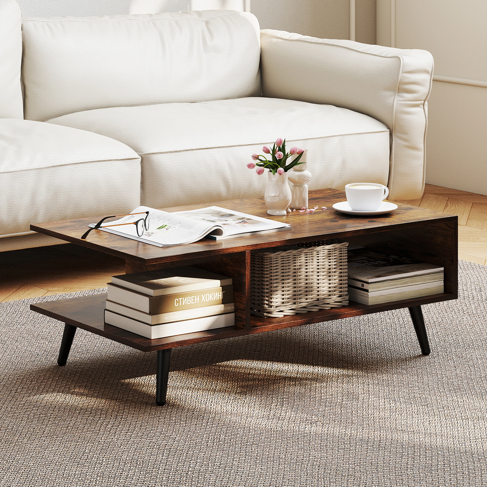 Glintex Mid-Century 31.5-Inch Coffee Table with 2 Open Compartments