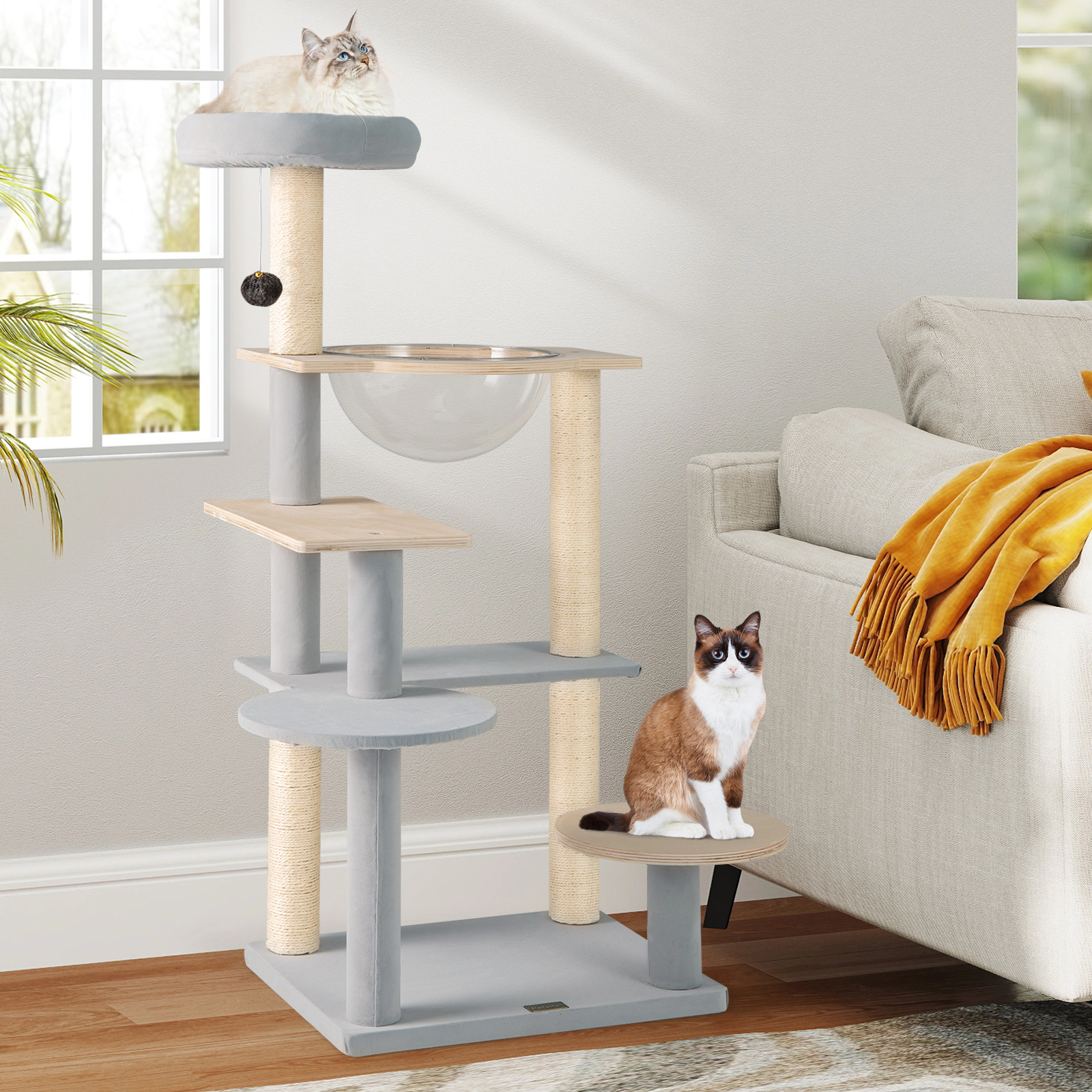 LJG Modern Cat Tree 44 Inch Multi-Level Cat Tower with Removable Padded Top Perch