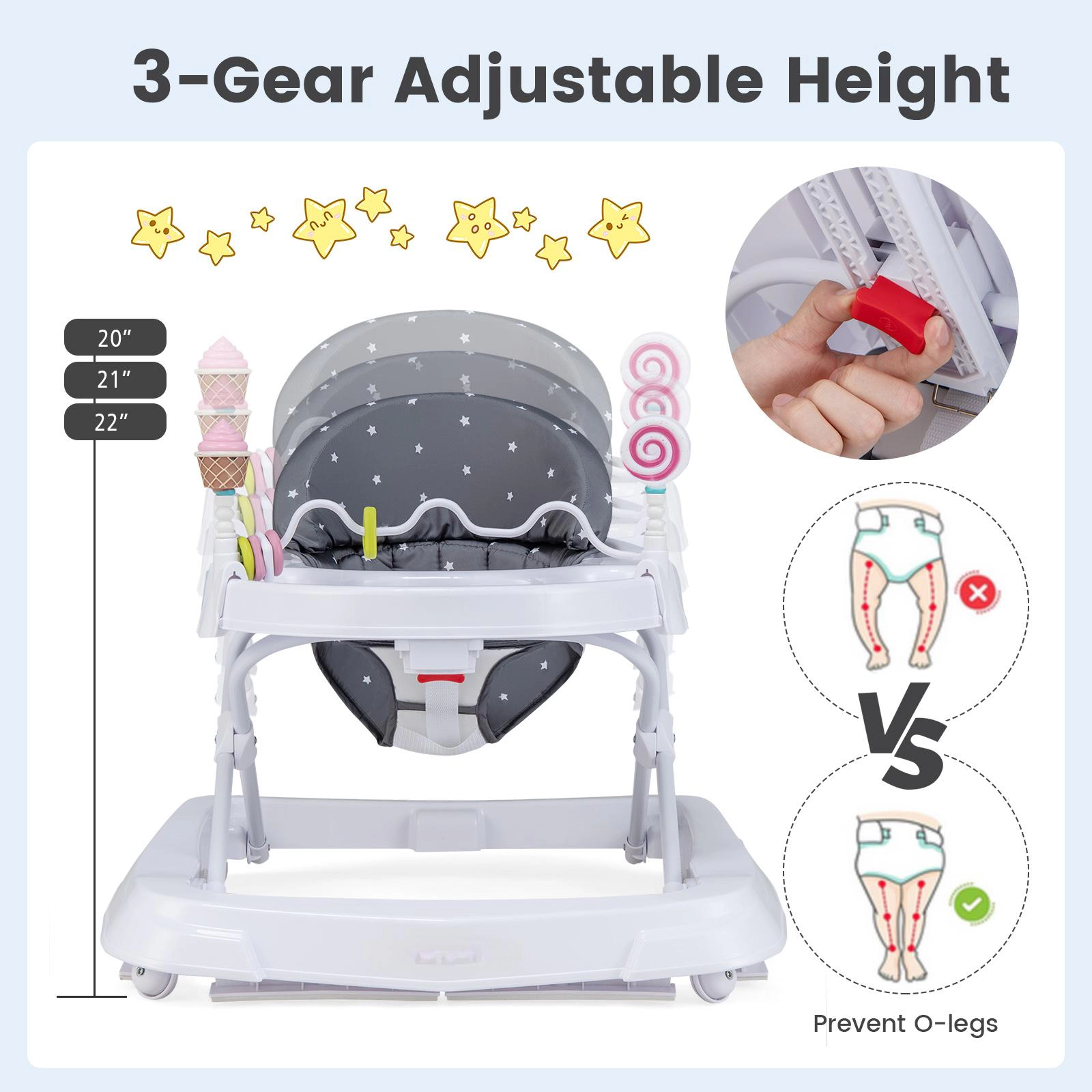 SUGIFT Foldable Baby Activity Walker with Adjustable 3-Level Height 30-lb Capacity Ages 6-36 Months Gray/Pink