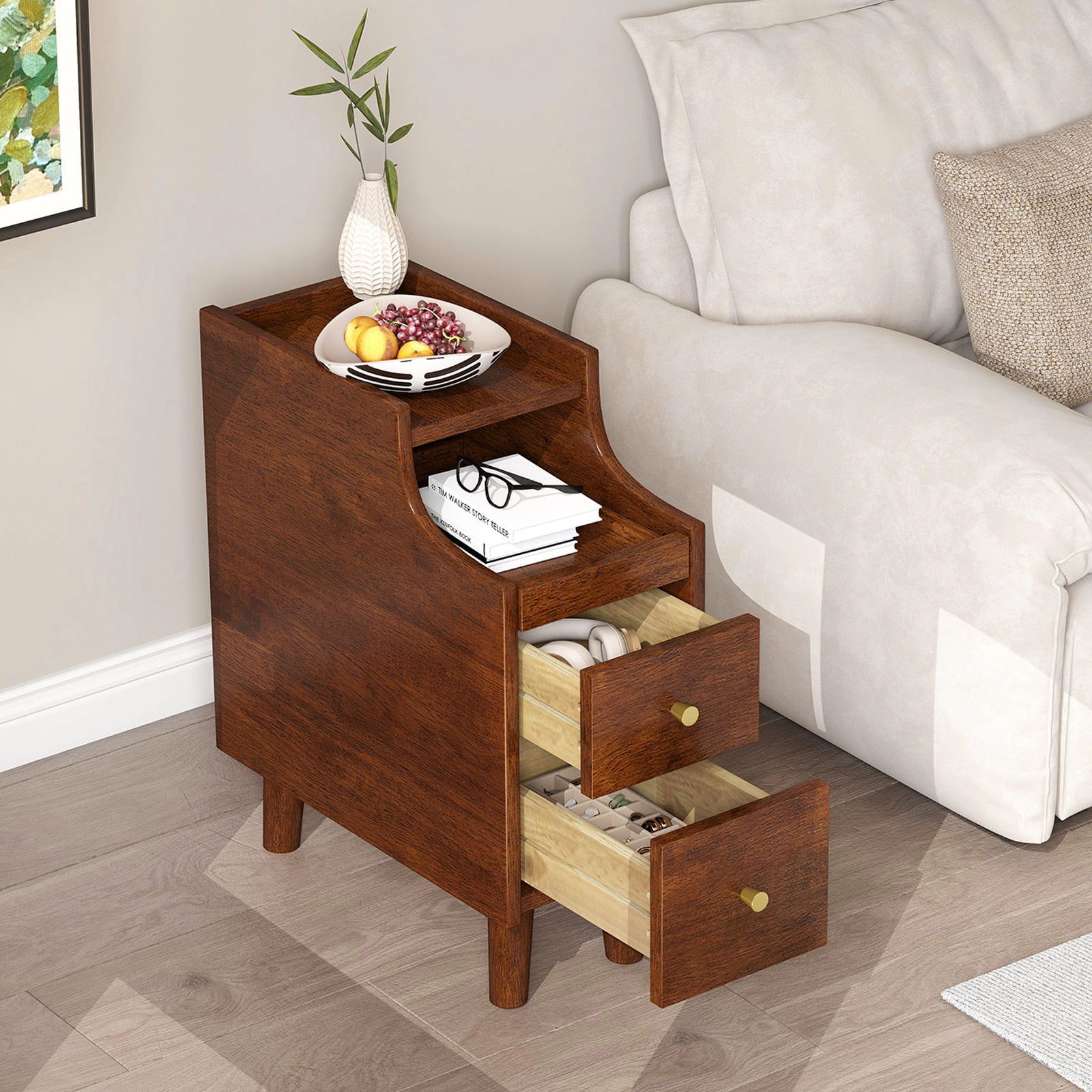 SlickBlue Narrow Nightstand with 2 Drawers and Pull Out Tray