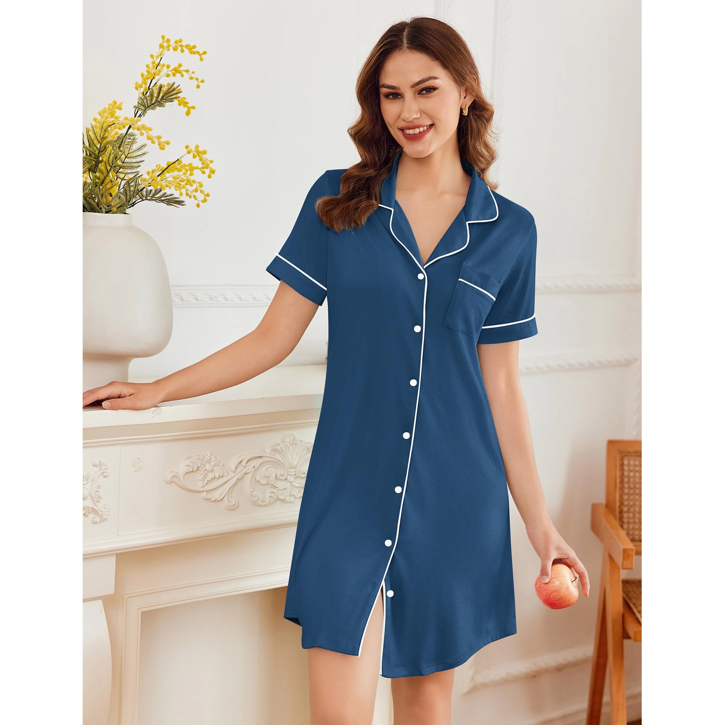 Ekouaer Nightgowns for Women Button Down Nightshirt Short Sleeve V Neck Nightdress Classic