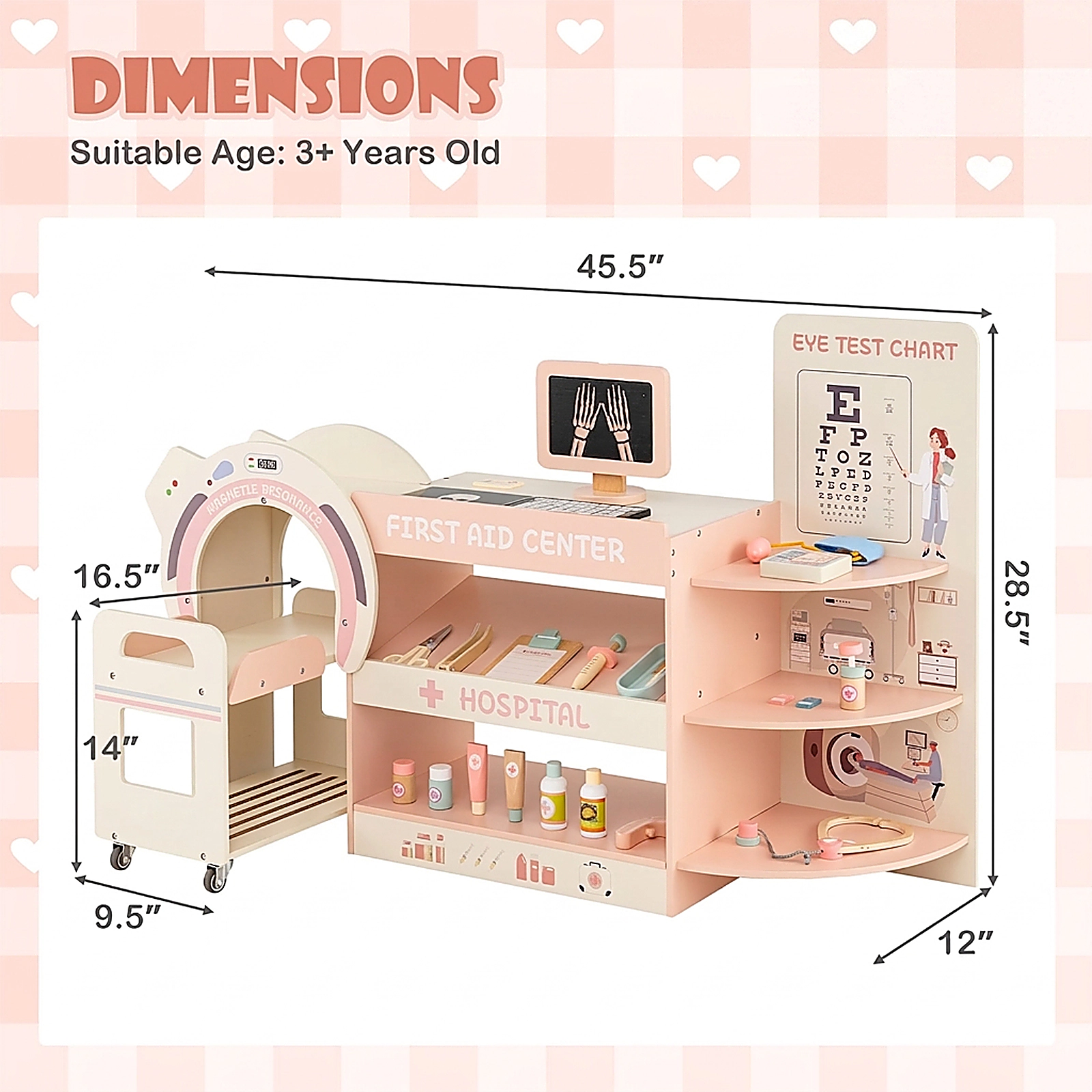 SUGIFT Wooden Kids Doctor Play Set Pretend Hospital Office Kit Eye Chart & Toy CT Machine 45.5-in Station Ages 3+ Pink
