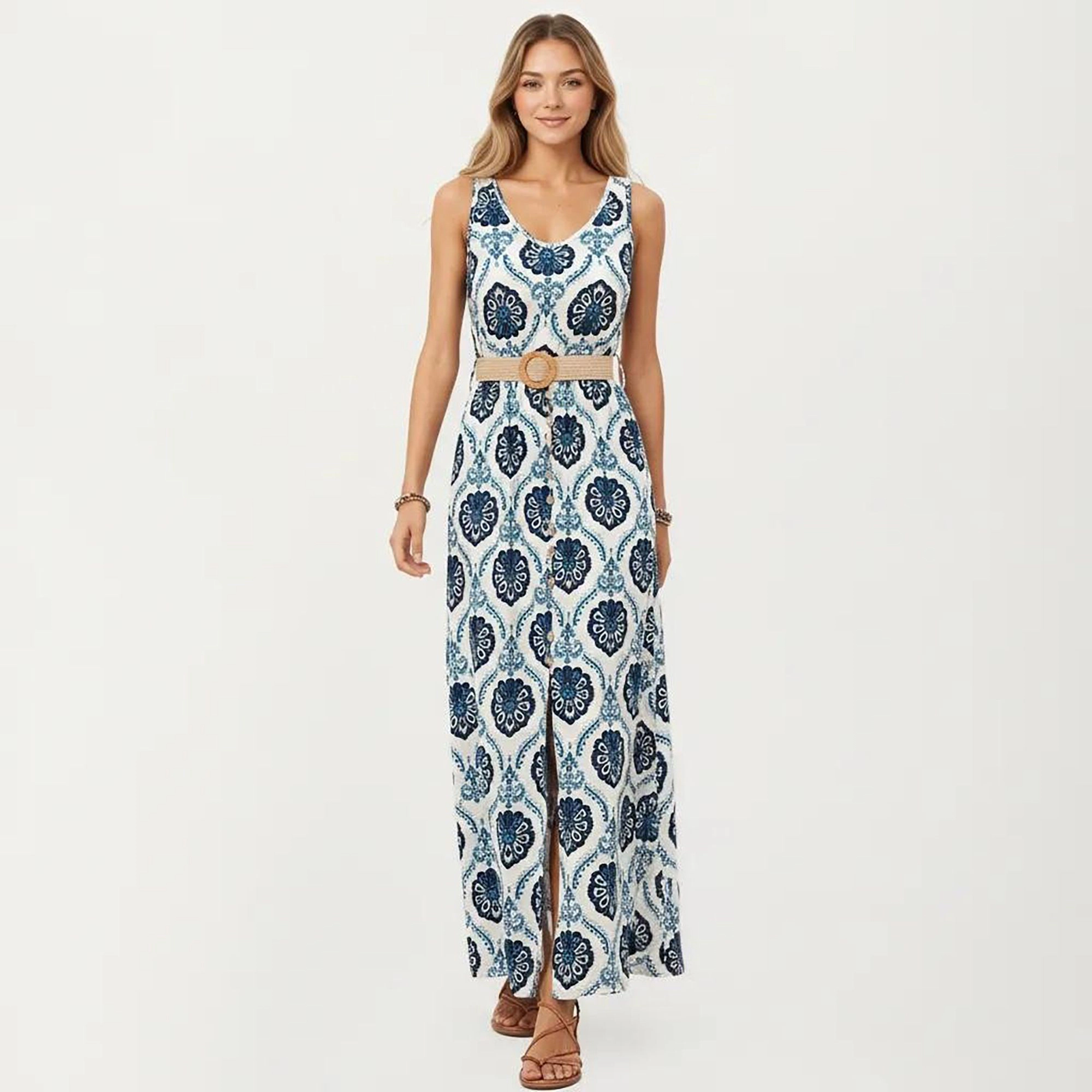 Anna-Kaci Women's Sleeveless Medallion Pattern Belted Waist Front Slit Maxi Dress