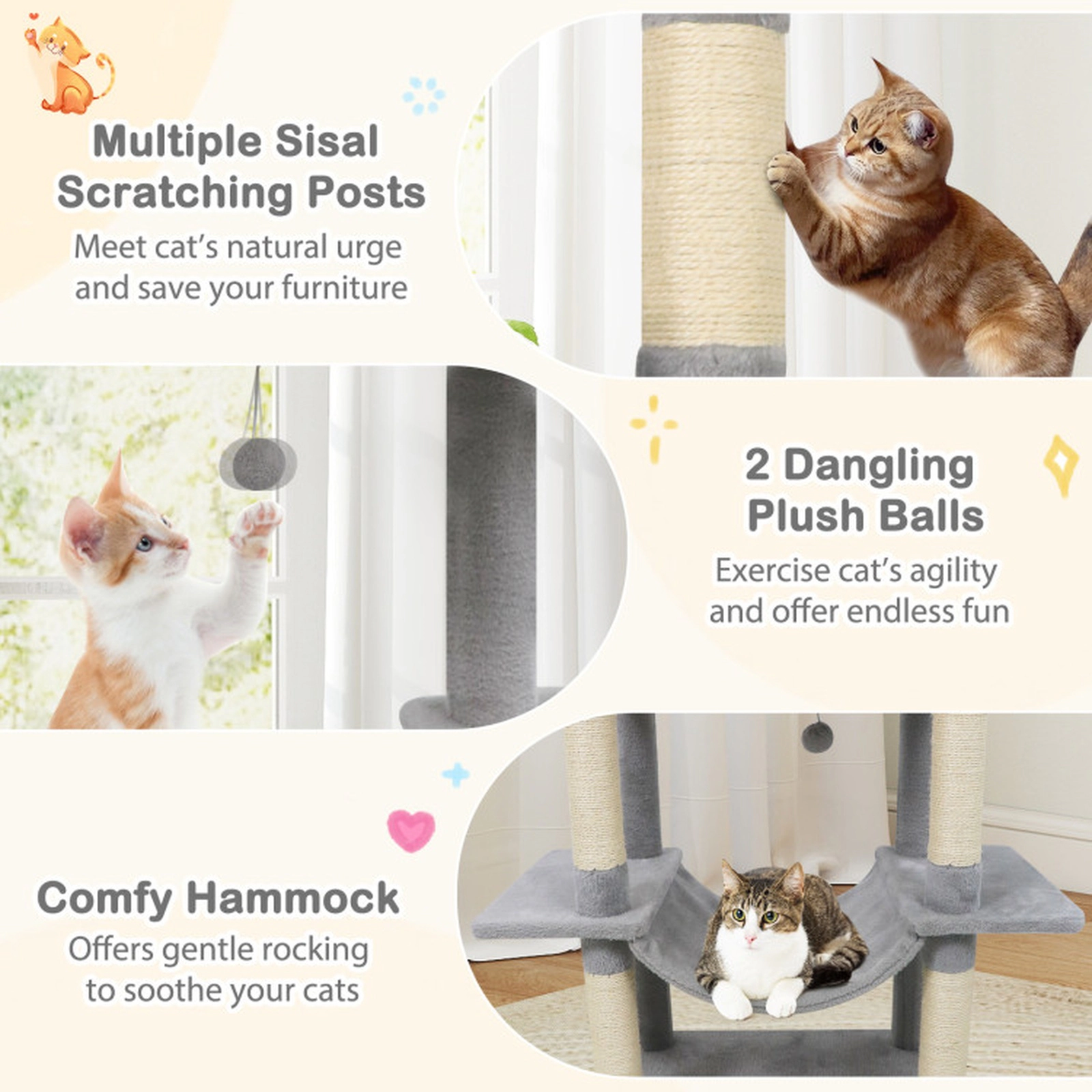 SUGIFT 70-in Light Gray Tall Cat Tree for Large Indoor Cats with 2 Condos Hammock and Anti-Tip Kit