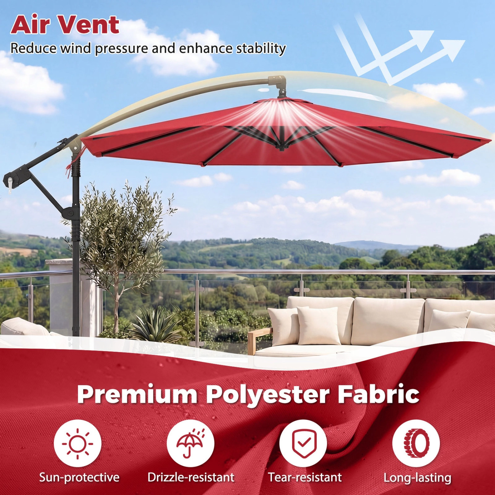 SUGIFT 10-ft Red Offset Cantilever Patio Umbrella with Base 2 220-lb Sandbags Infinite Tilt and 360 Rotation