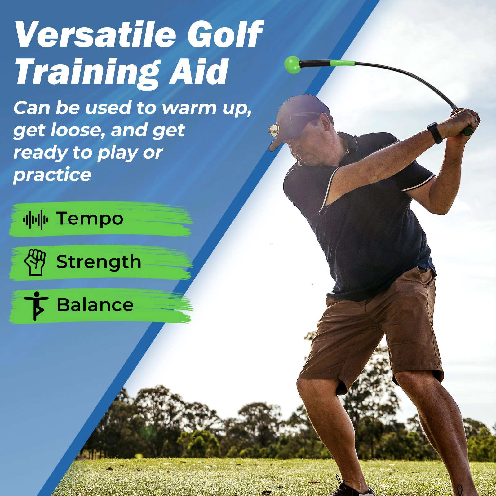 SUGIFT 40-in Fiberglass Golf Swing Trainer Aid with Weighted Head and Ergonomic Grip Right-Handed Green/Yellow