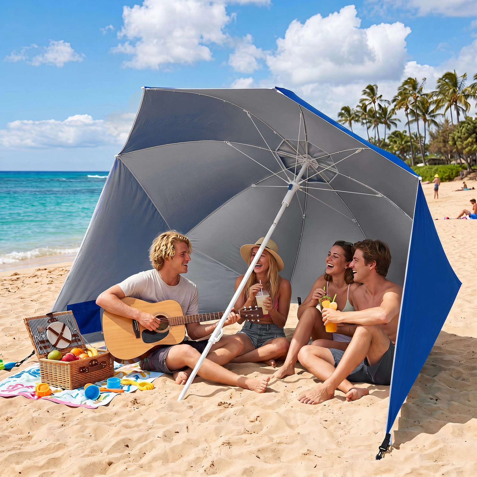 SUGIFT Blue 2-in-1 UPF 50+ Beach Shelter Umbrella with Side Panels Sand Anchor and 8 Fiberglass Ribs