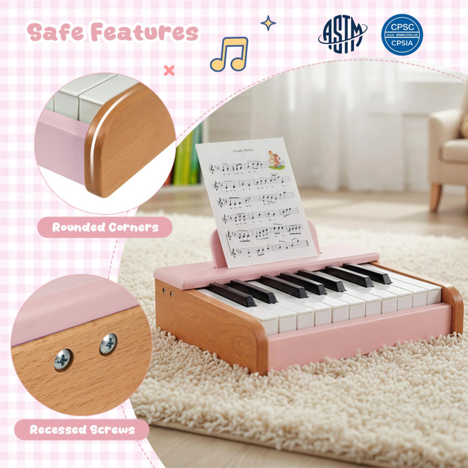 SUGIFT Kids Pink 18-Key Wooden Toy Piano with Removable Music Stand 11.5-in W 9.5-in D 3-in H Ages 3+
