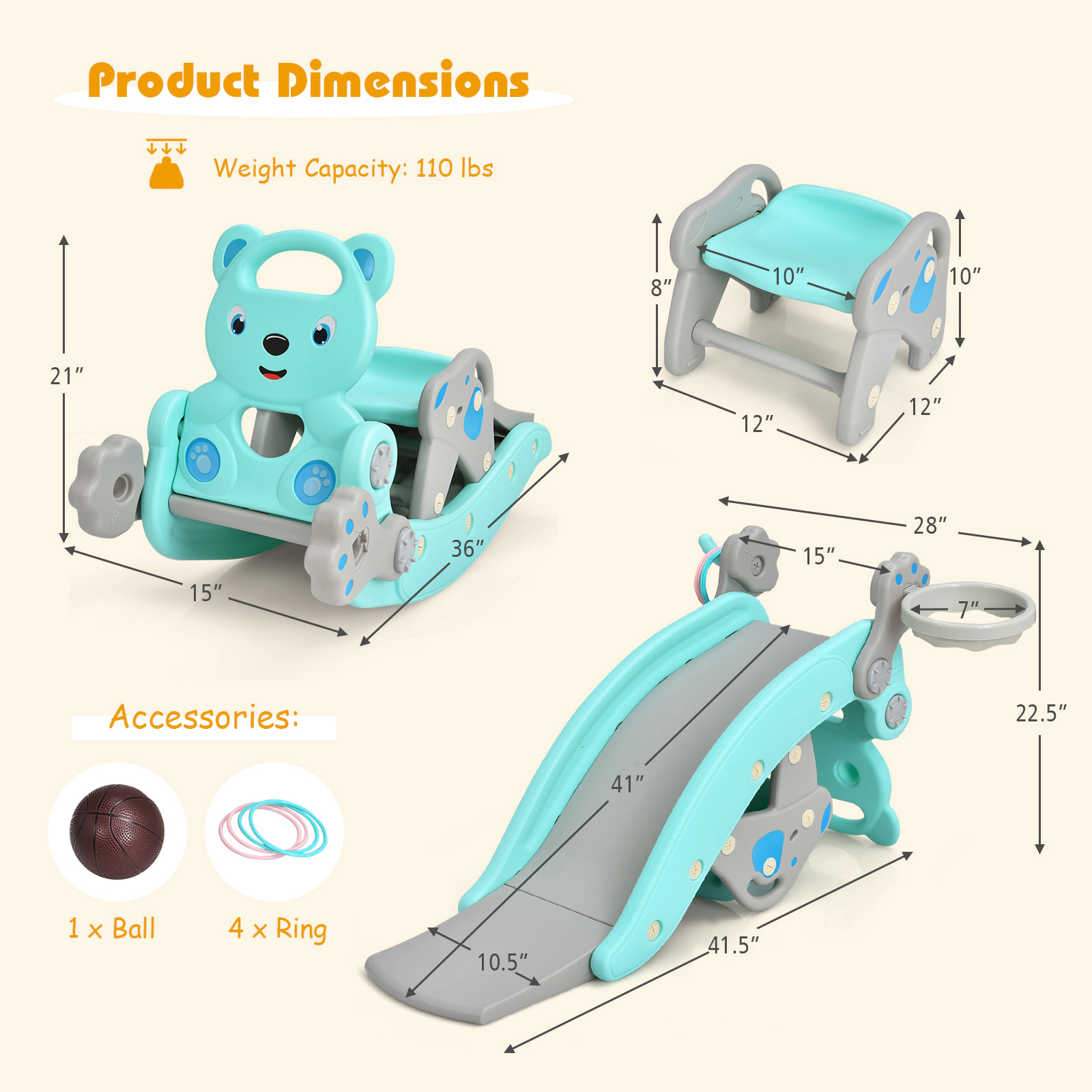 SUGIFT Basketball Hoop and Ring Toss 4-in-1 Toddler Slide Rocking Horse Playset