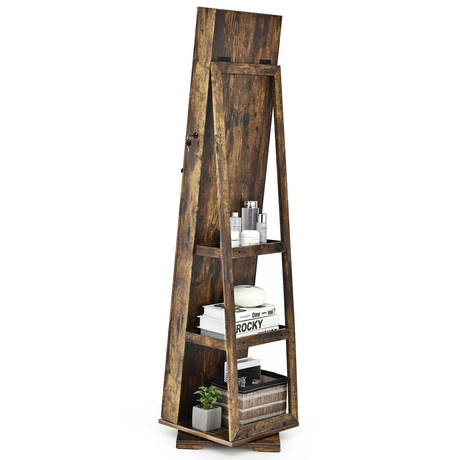 SUGIFT 360° Rotatable 2-in-1 Lockable Jewelry Cabinet with Full-Length Mirror 63.5-in Tall Rustic Brown