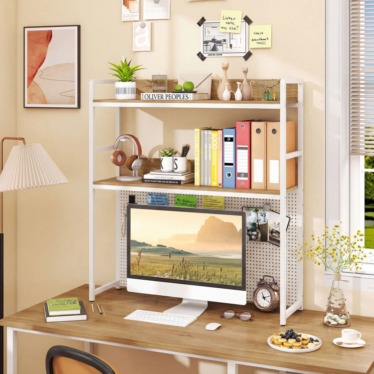 Hivvago Multipurpose 2-Tier Desktop Bookshelf with Pegboard for up to 32 Inch Computer Monitor