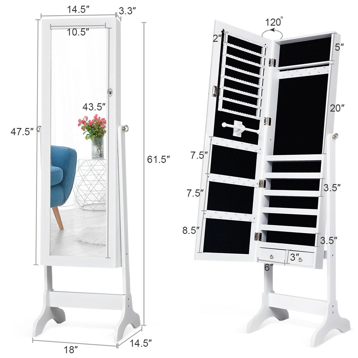 Slickblue 61.5 Inch Freestanding Lockable Jewelry Cabinet with Full-Length Mirror and 2 Storage Drawers