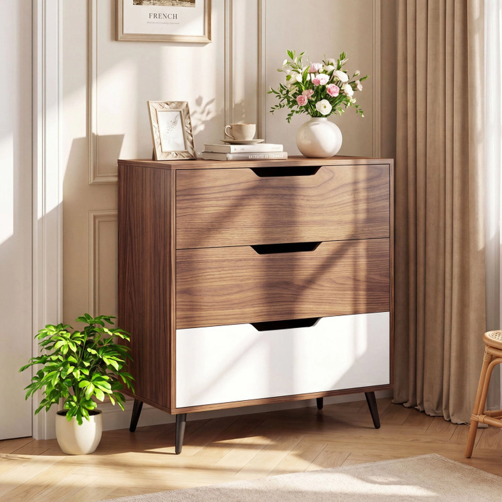 SUGIFT 27.5-Inch Walnut 3-Drawer Dresser with Metal Legs and Anti-Tipping Kit