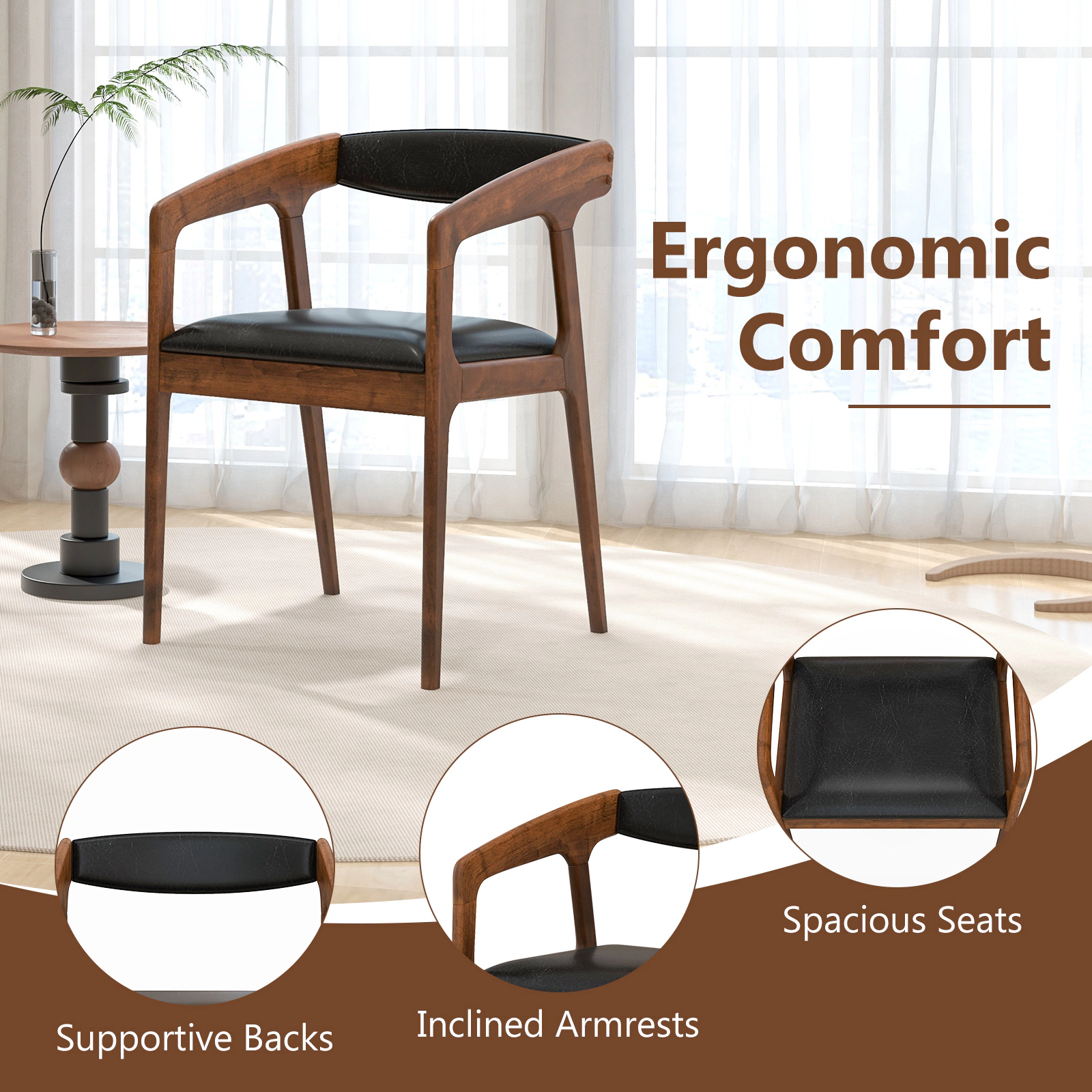 SUGIFT Upholstered Armchairs Set of 2 Dining Chairs Cozy Backrest & Padded Seat Cushion 265-lb Capacity Brown & Black