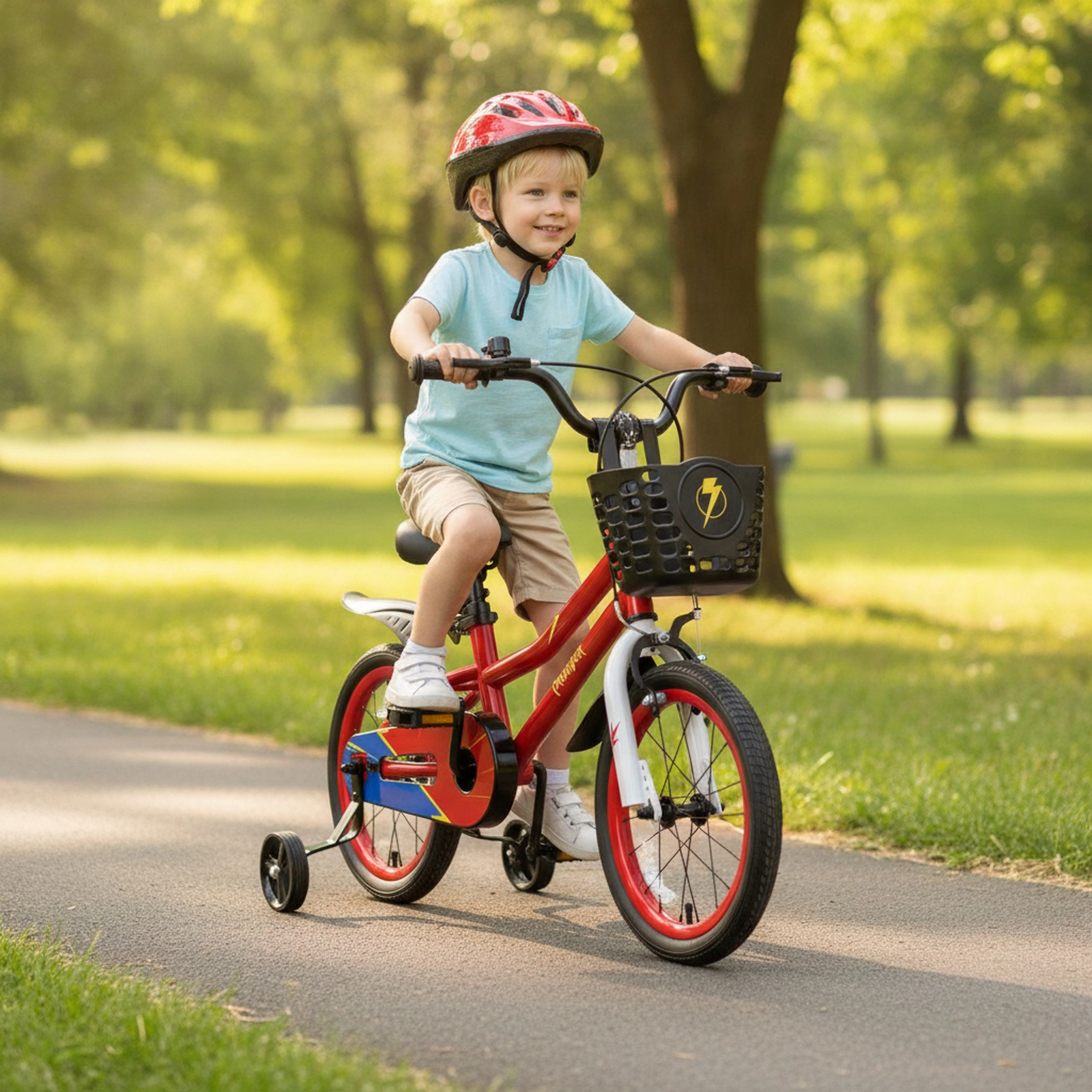 16-in Kids Bike Removable Training Wheels Ages 4-7 Carbon Steel Bicycle Hand Brake Coaster Brake Front Basket