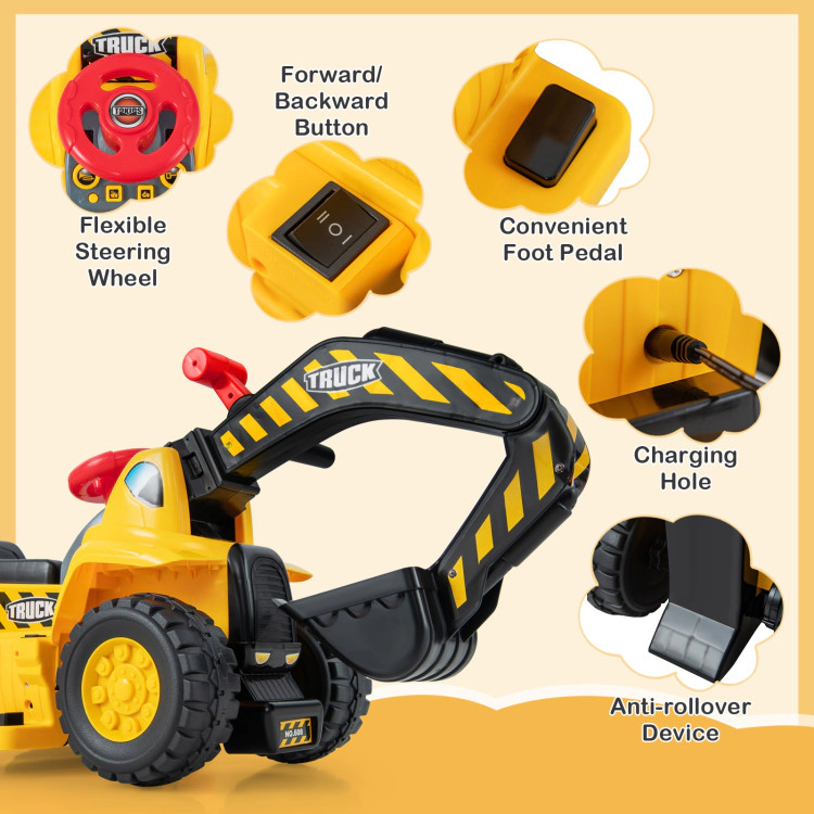 Hivvago 6V Kids Ride On Excavator Fun Digger With Folding Basketball Hoop