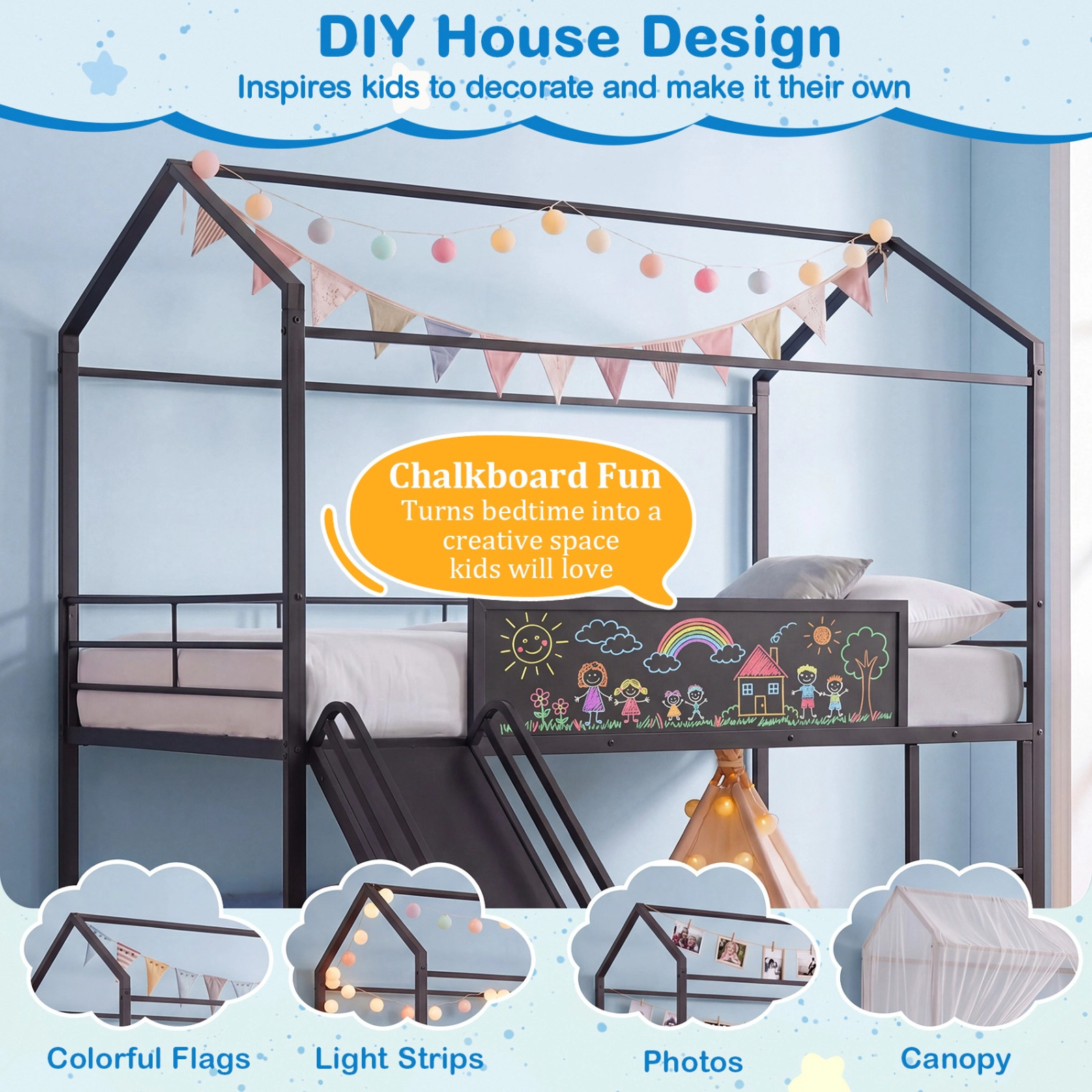 SUGIFT Black House Frame Slide Ladder and Chalkboard Kids Twin Loft Bed