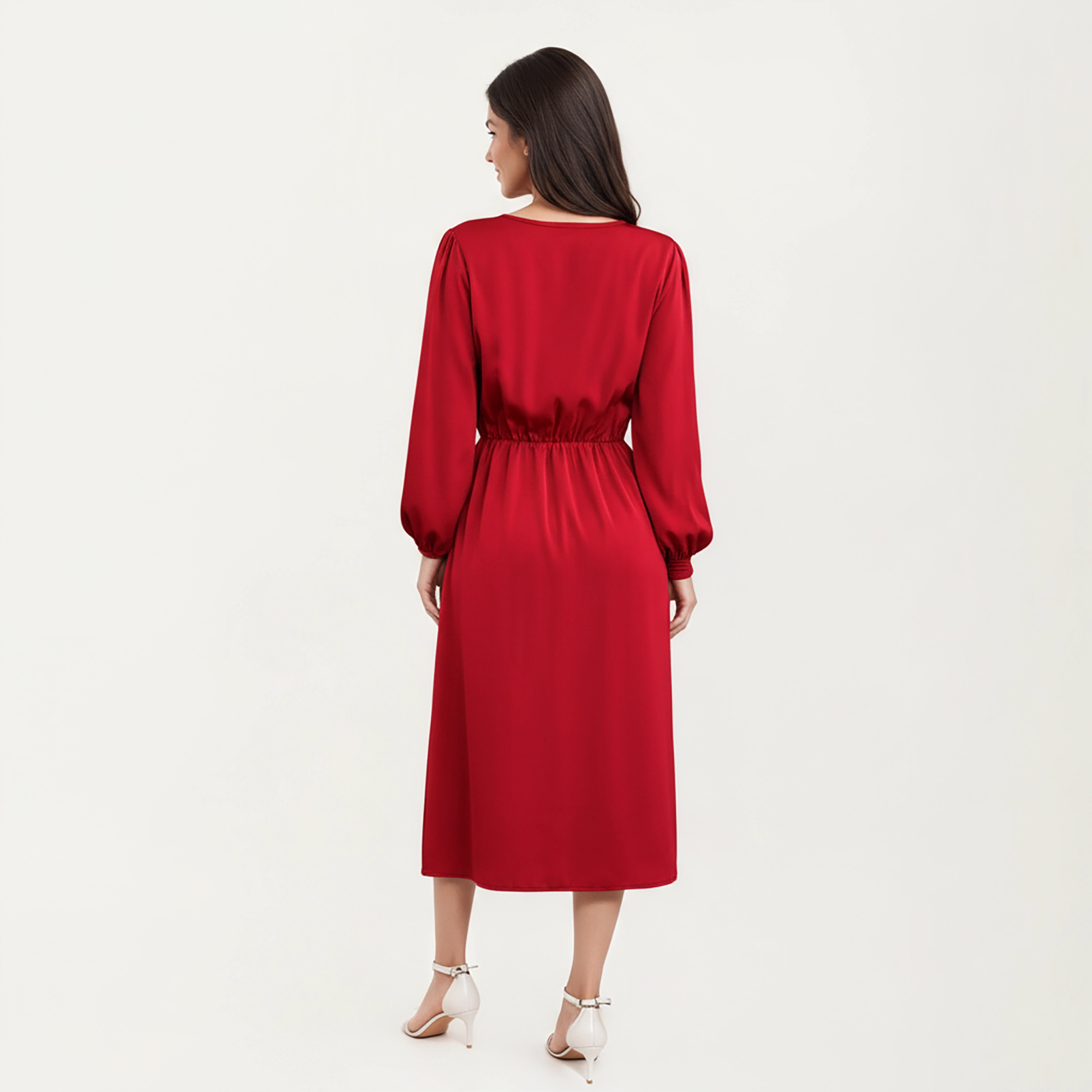 Anna-Kaci Women's Long Sleeve Wrap V Neck Side Tie Waist Midi Dress