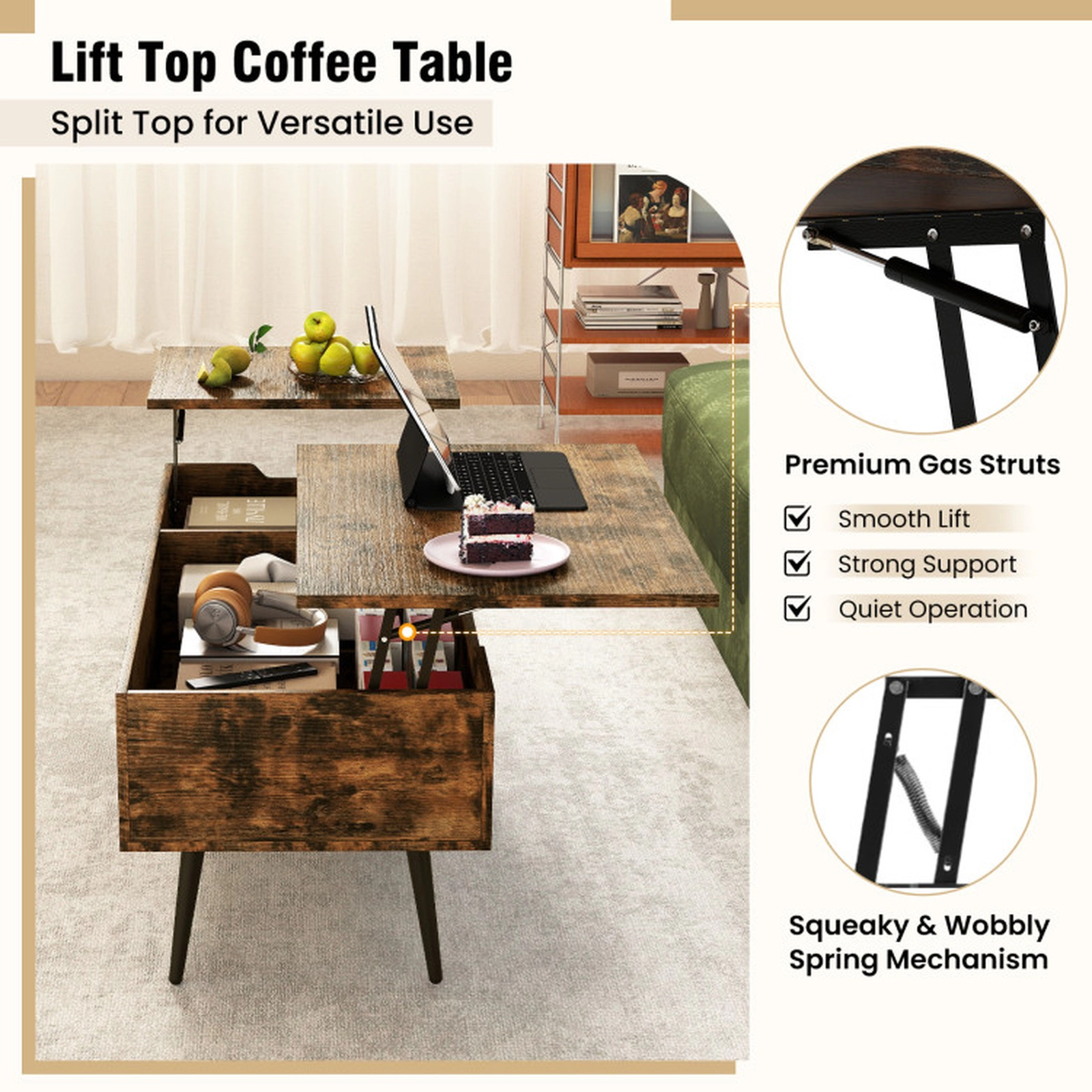 SUGIFT 47-in 132-lb Capacity Dual Pneumatic Lift Top Coffee Table with 2 Hidden Storage Compartments