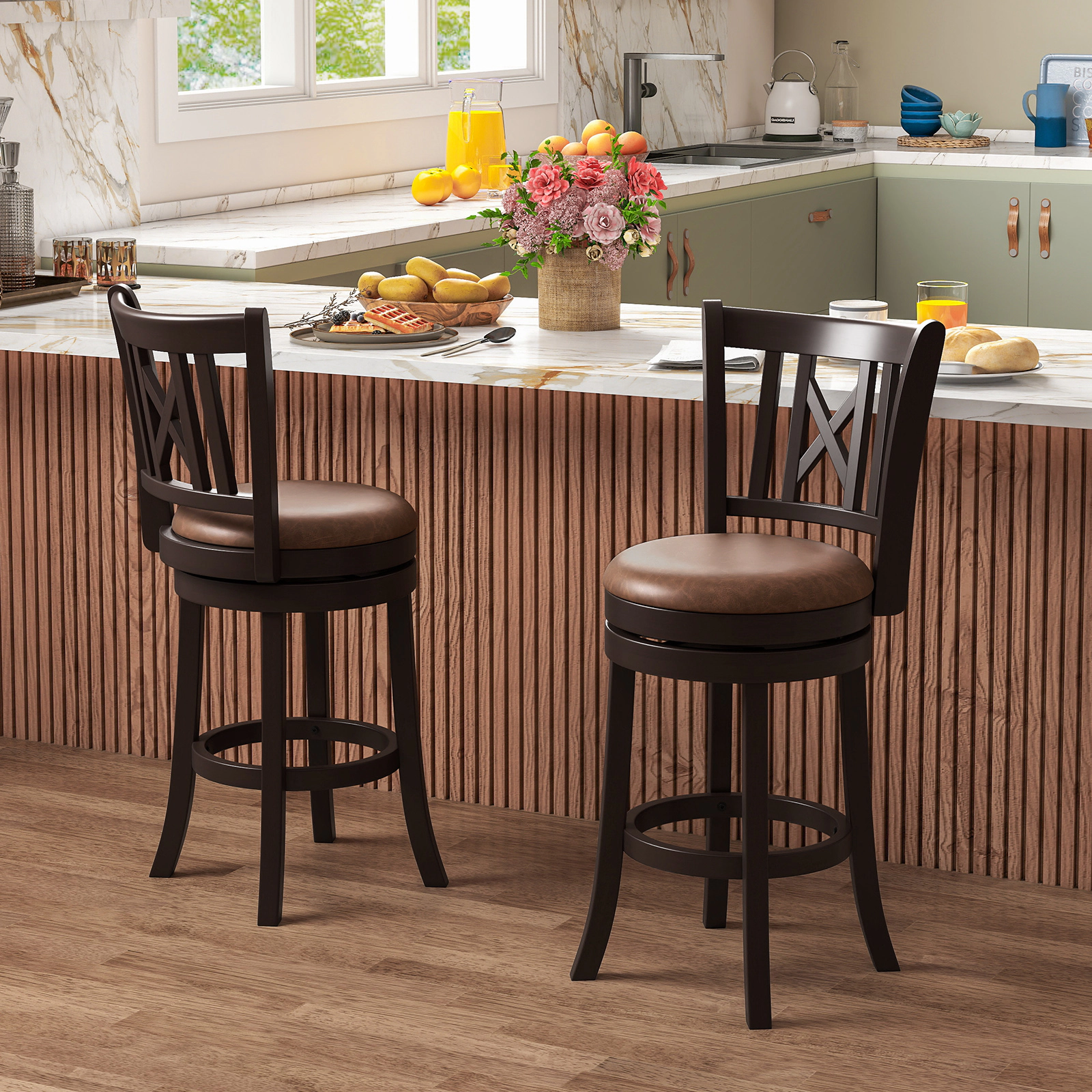 SUGIFT Set of 2 26-Inch Counter-Height Swivel Stools, Rubber Wood, Hollow Backrest
