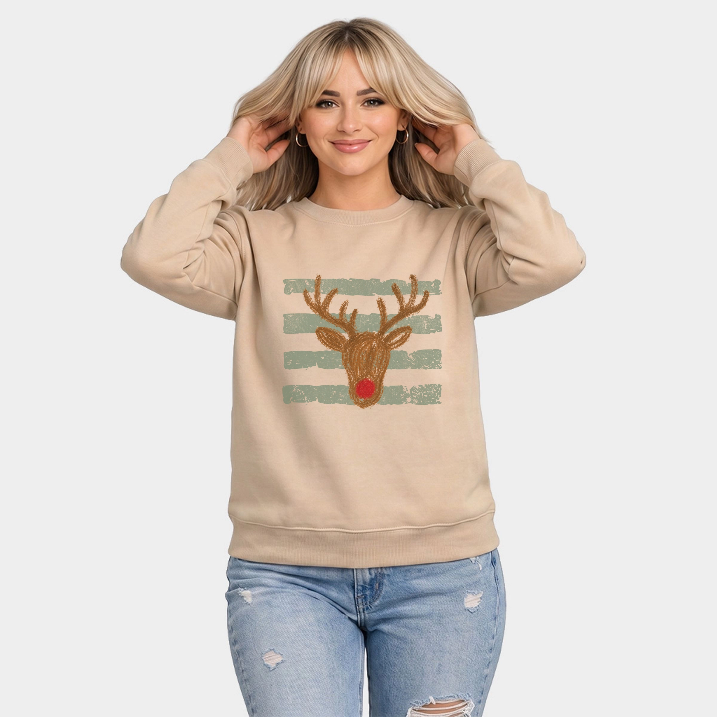 Simply Sage Market - Women's Graphic Sweatshirt Red Nose Deer Stripes