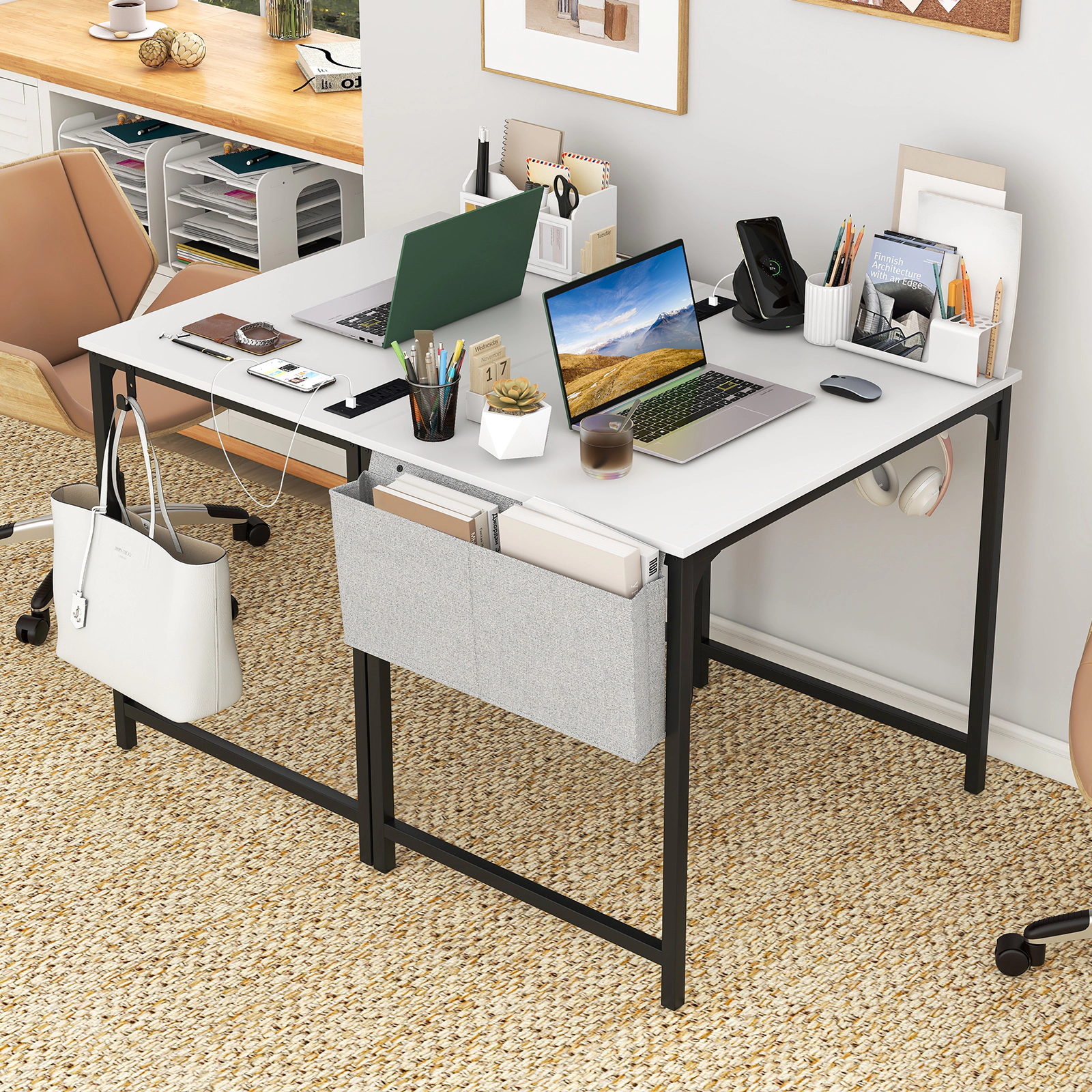 SUGIFT Small Home Office Computer Desk with Charging Station 210-lb Desktop Capacity White + Black