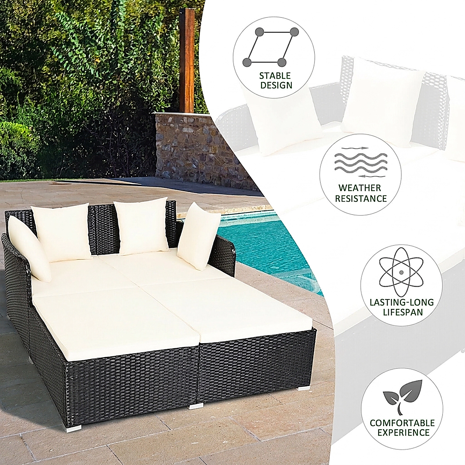 SUGIFT White 2-Person Outdoor Rattan Daybed with 800-lb Capacity and Cushions