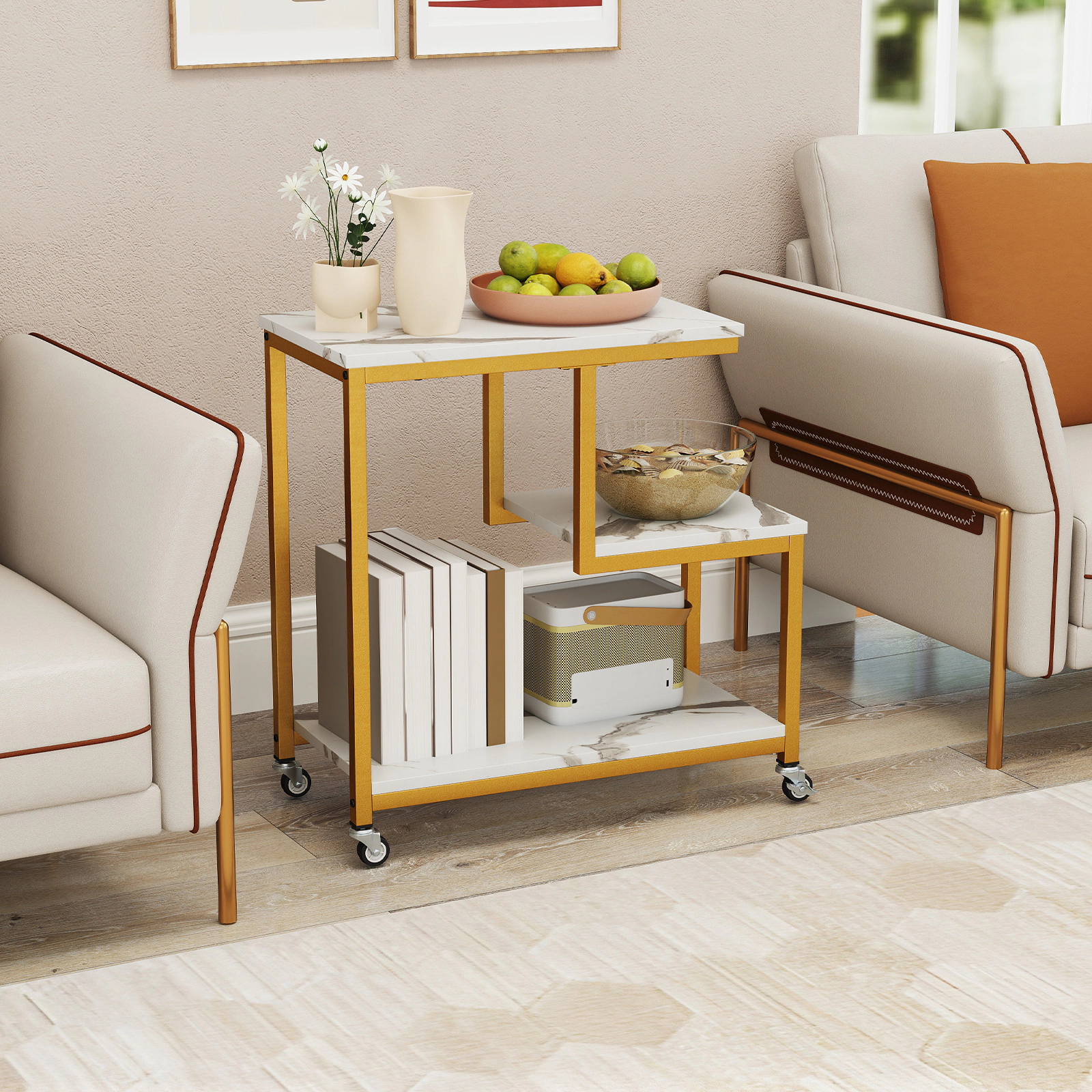 SUGIFT Gold 24-in 3-Tier Rolling Plant Stand and Side Table with Locking Wheels
